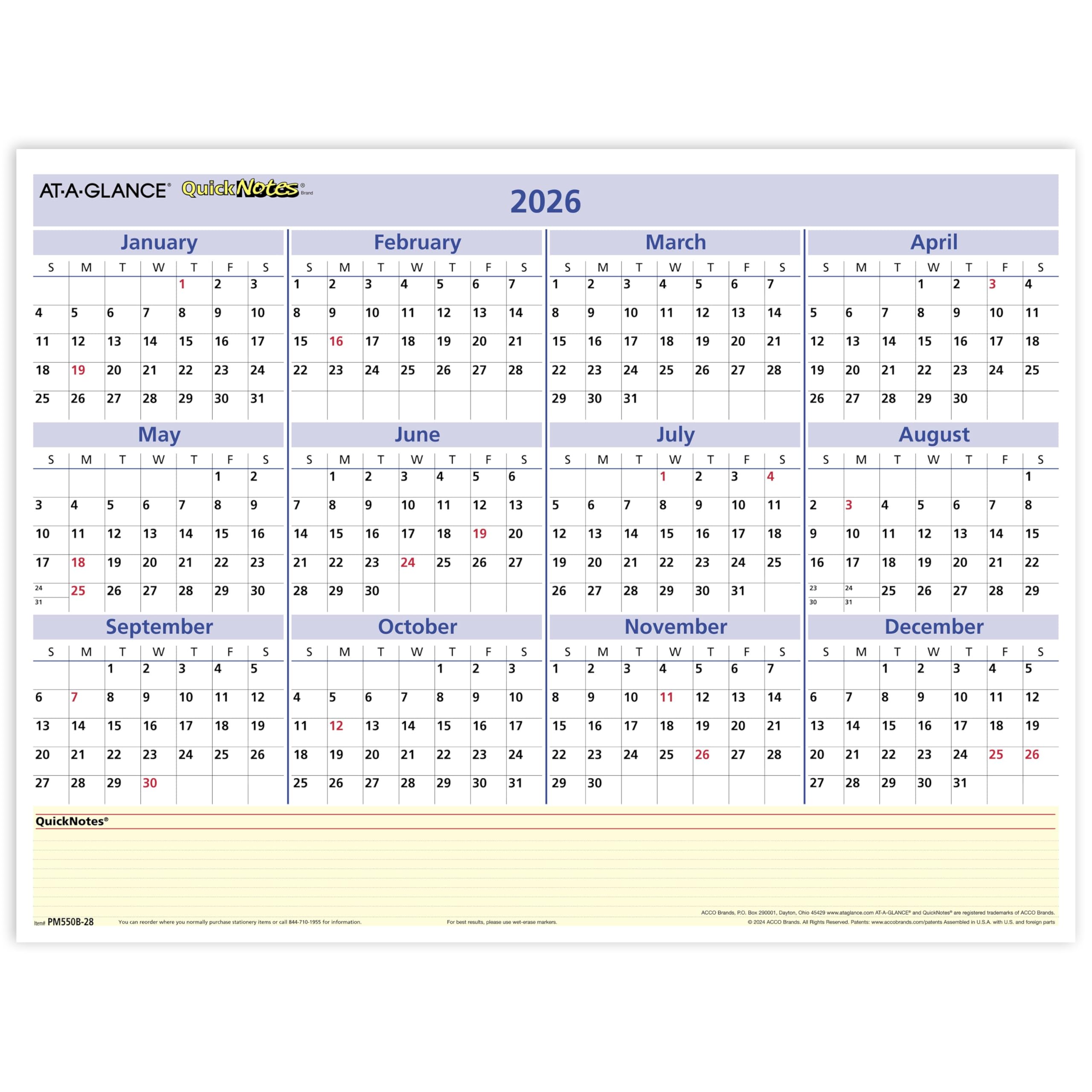 AT-A-GLANCE 2026 Erasable Calendar, Dry Erase Wall Planner, 16" x 12", Medium, Reversible, QuickNotes (PM550B2826)