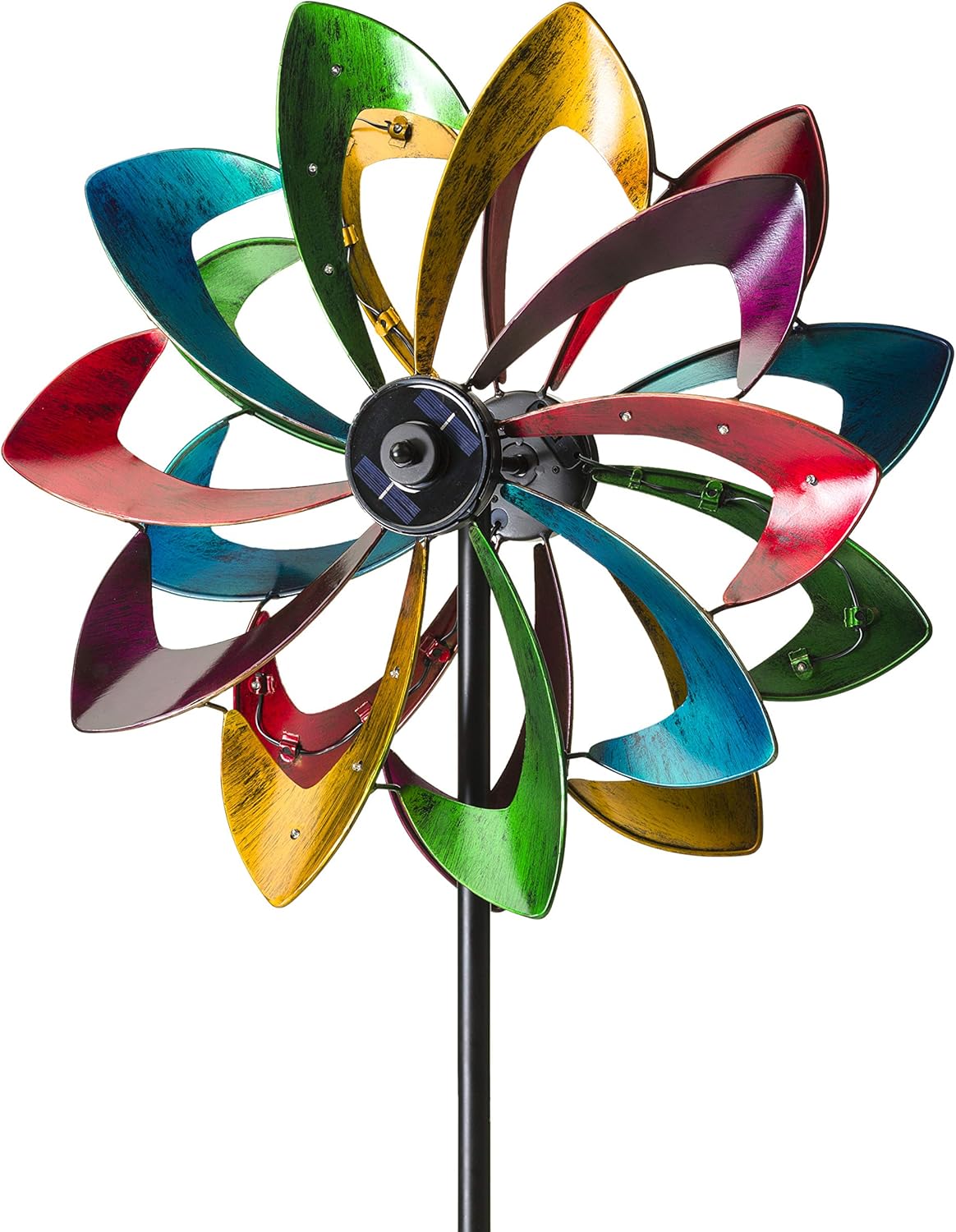 Plow & Hearth Solar Lighted 18 LEDs Flower Metal Wind Spinner | Antique | Bi-Direction Rotors | Dual-Motion | Over 6ft Tall | Easy Assembly