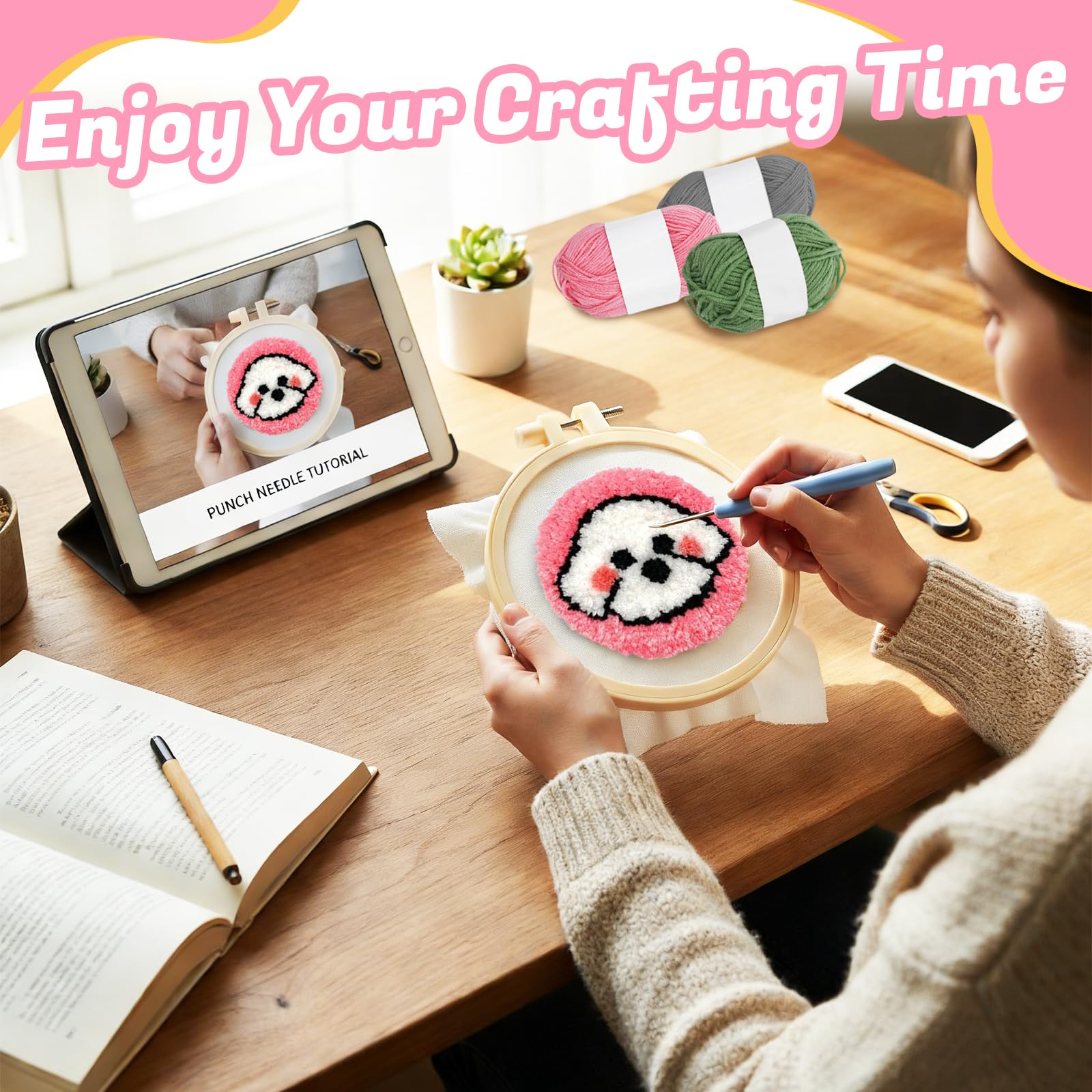 Yunkctuk Zestaw podstawek z igłą do dziurkowania, zestaw do haftu DIY z wzorem, narzędziami, nicią, ramą, instrukcjami i podstawkami, dla początkujących, dorosłych i dzieci (zwierzę)