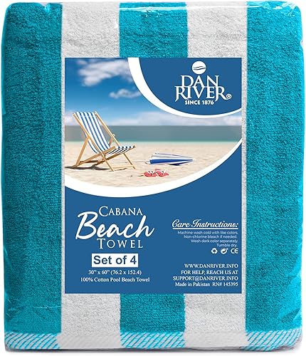 Miniatura 3 de DAN RIVER Juego de 4 toallas de playa 100% algodón, de secado rápido y ultrasuaves, de 30 x 60 pulgadas, toallas de piscina de gran tamaño a rayas