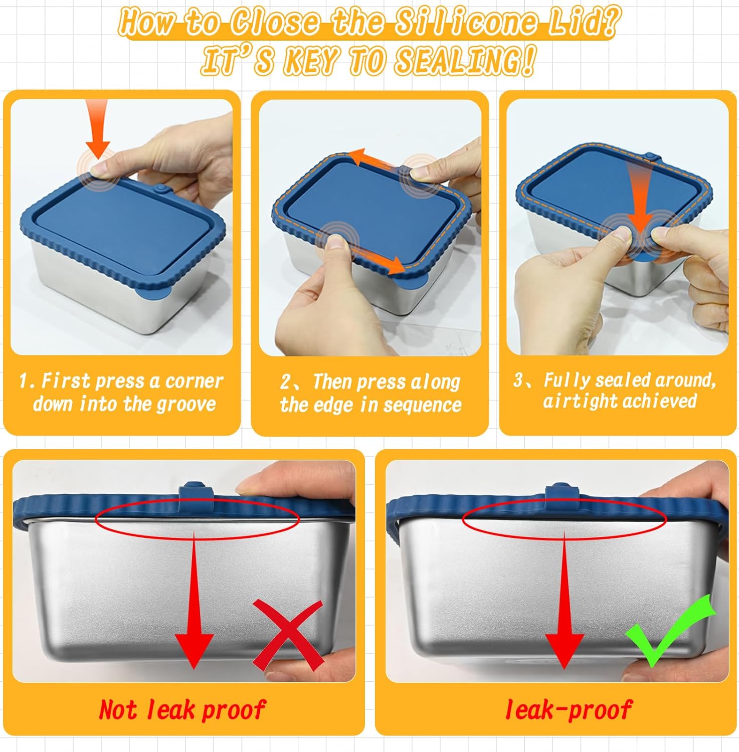 3-Pack Stainless Steel Food Storage Containers with Silicone Lids, 20oz Snack Pack Containers Reusable Metal Bento Lunch Box Large Container for Meal Prep, Picnic, Office, Travel - Image 3