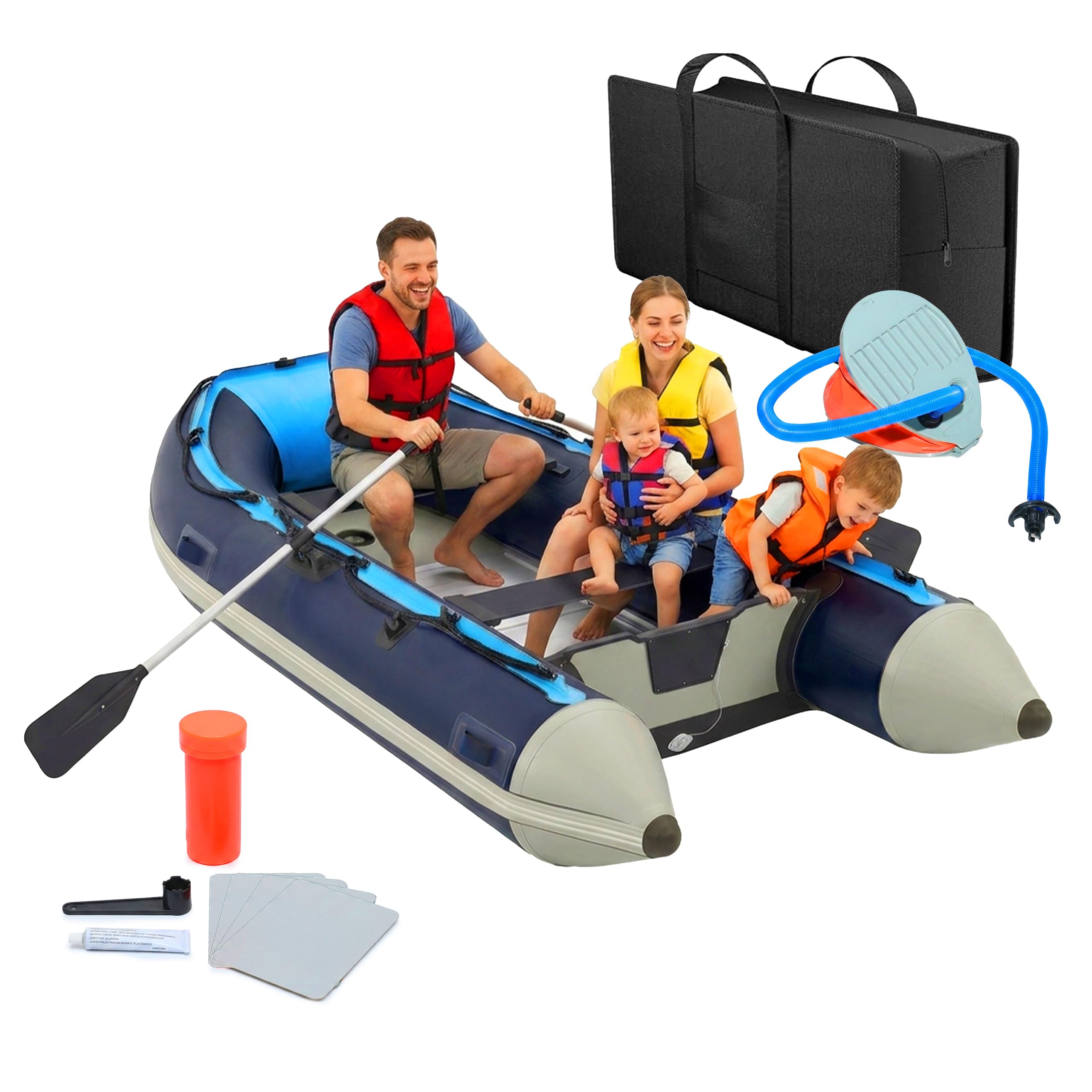 Relaxdays Set Bote Hinchable, 4 Personas, 3,20 m, remos, Bomba & Bolsa, Fondo de Aluminio, para Pesca, Azul y Blanco