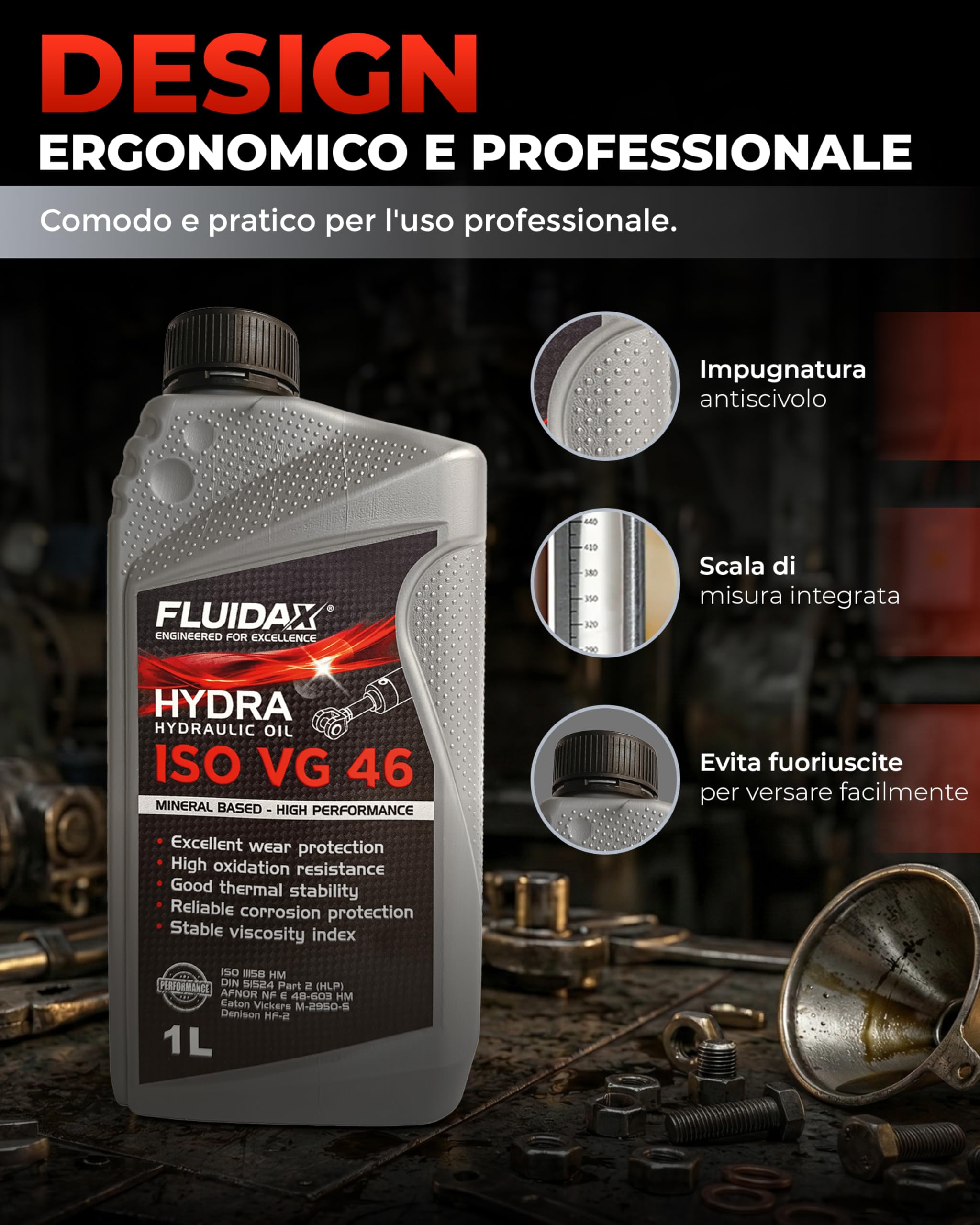 FLUIDAX 1 Litro Olio idraulico ISO VG 46 HLP per Impianti Idraulici, Lubrificante Minerale Antiusura, Antiruggine, Antischiuma, Elevato indice di Viscosità HLP - DIN 51524-51525 - ISO HM - 3