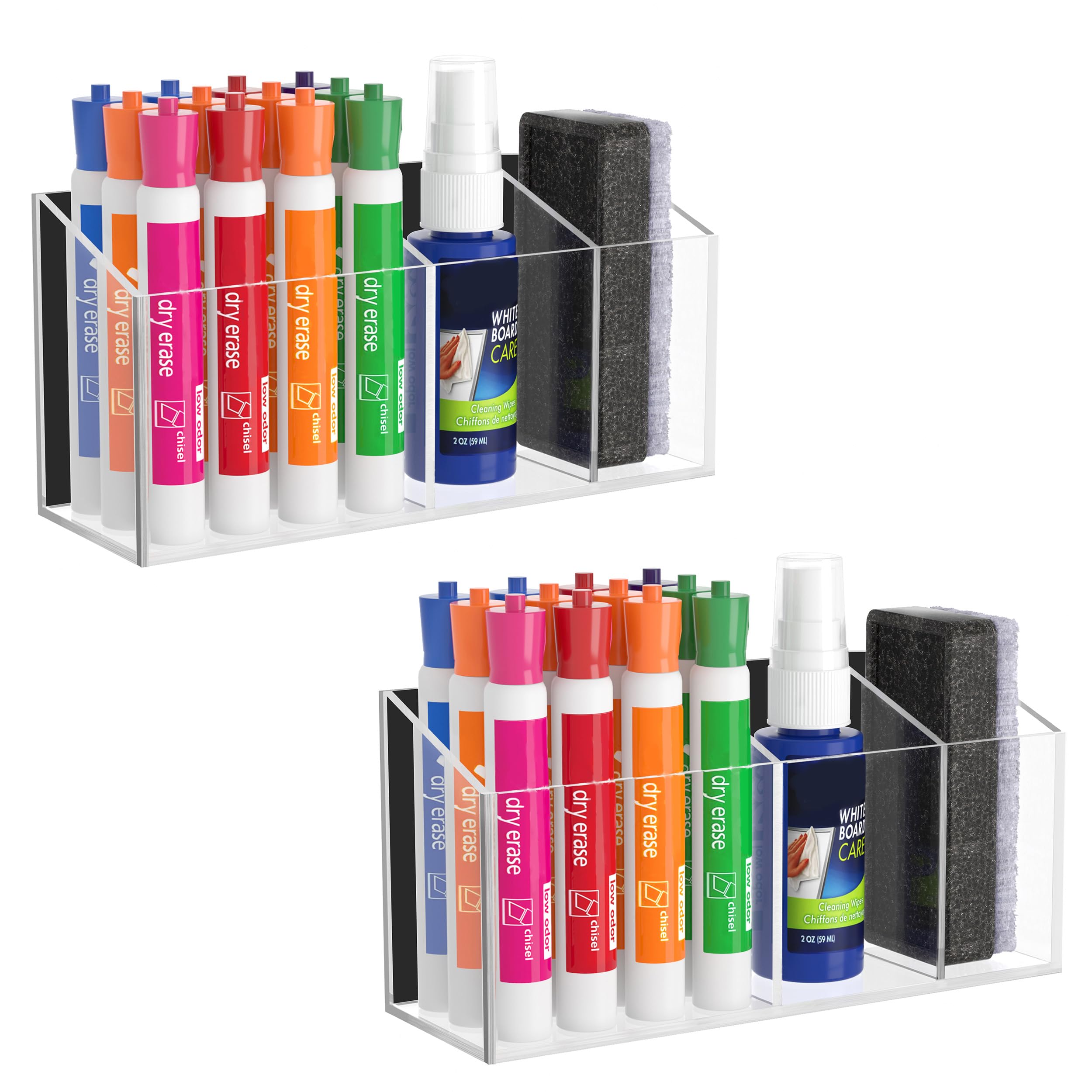 HBlife 2 Pack Magnetic Dry Erase Marker Holder for Whiteboard with 3 Compartments, Acrylic Wall Mount Magnet Pen Holder for Refrigerator, Locker