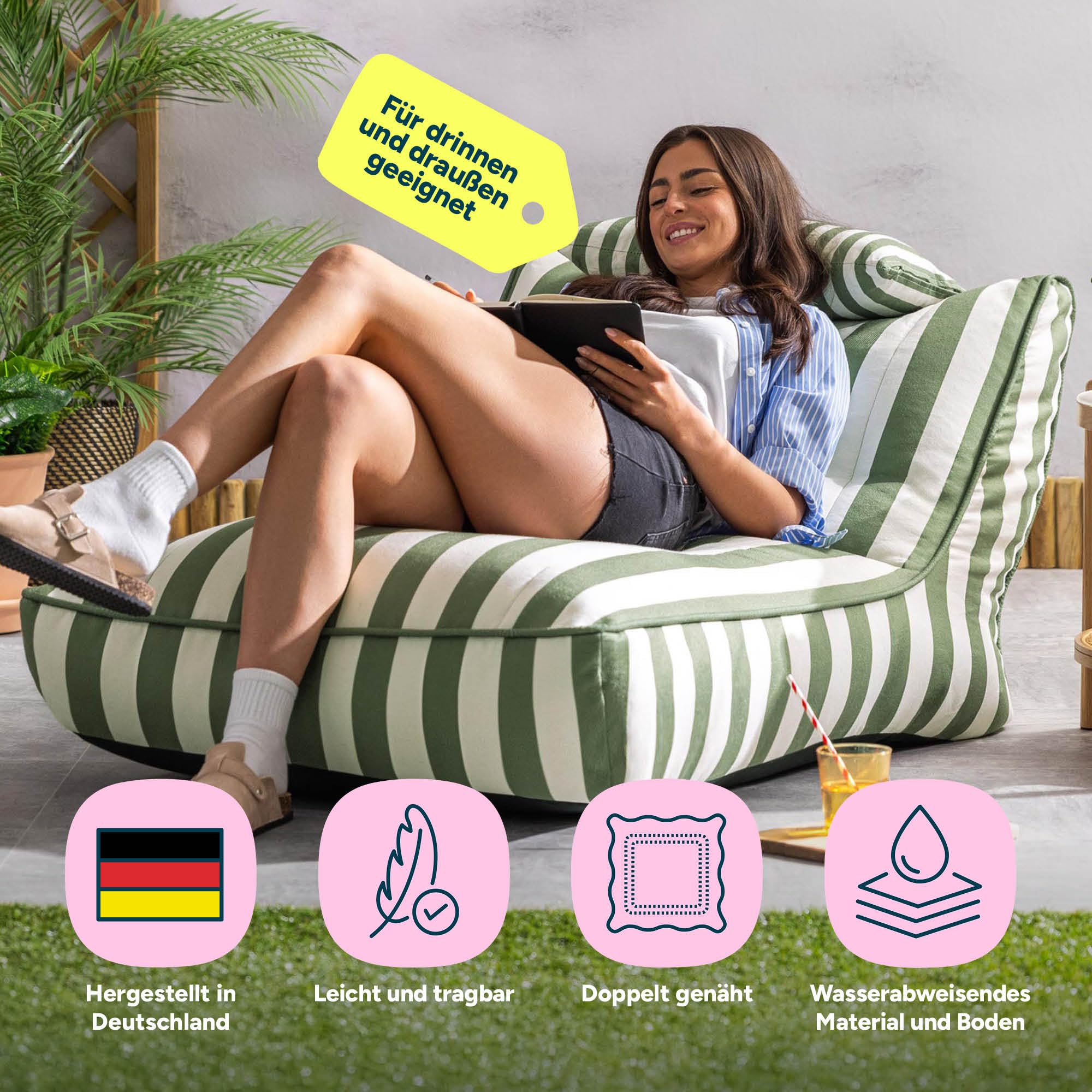 Icon Nova Outdoor Sitzsack Sessel für Erwachsene, Grün Streifen, Koyoto Stoff für Drinnen und Draußen, Riesen Sitzsack mit Füllung, Bequemer Sessel, Garten, Terrasse, Lounge, Wohnzimmer