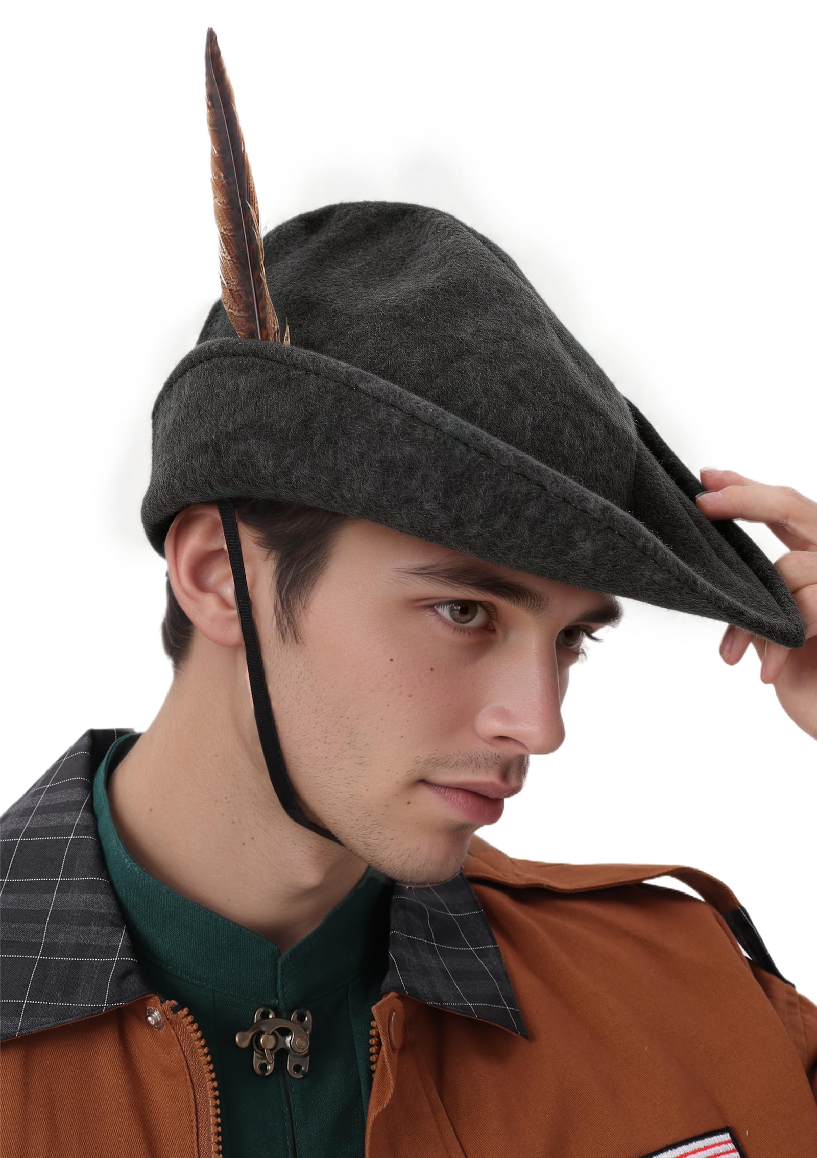 UJUROU Renaissance Robin Hat with Feather Ren Faire Hat Bycocket Felt Medieval Cap German Costume Accessory for Adult, Grey, Usual