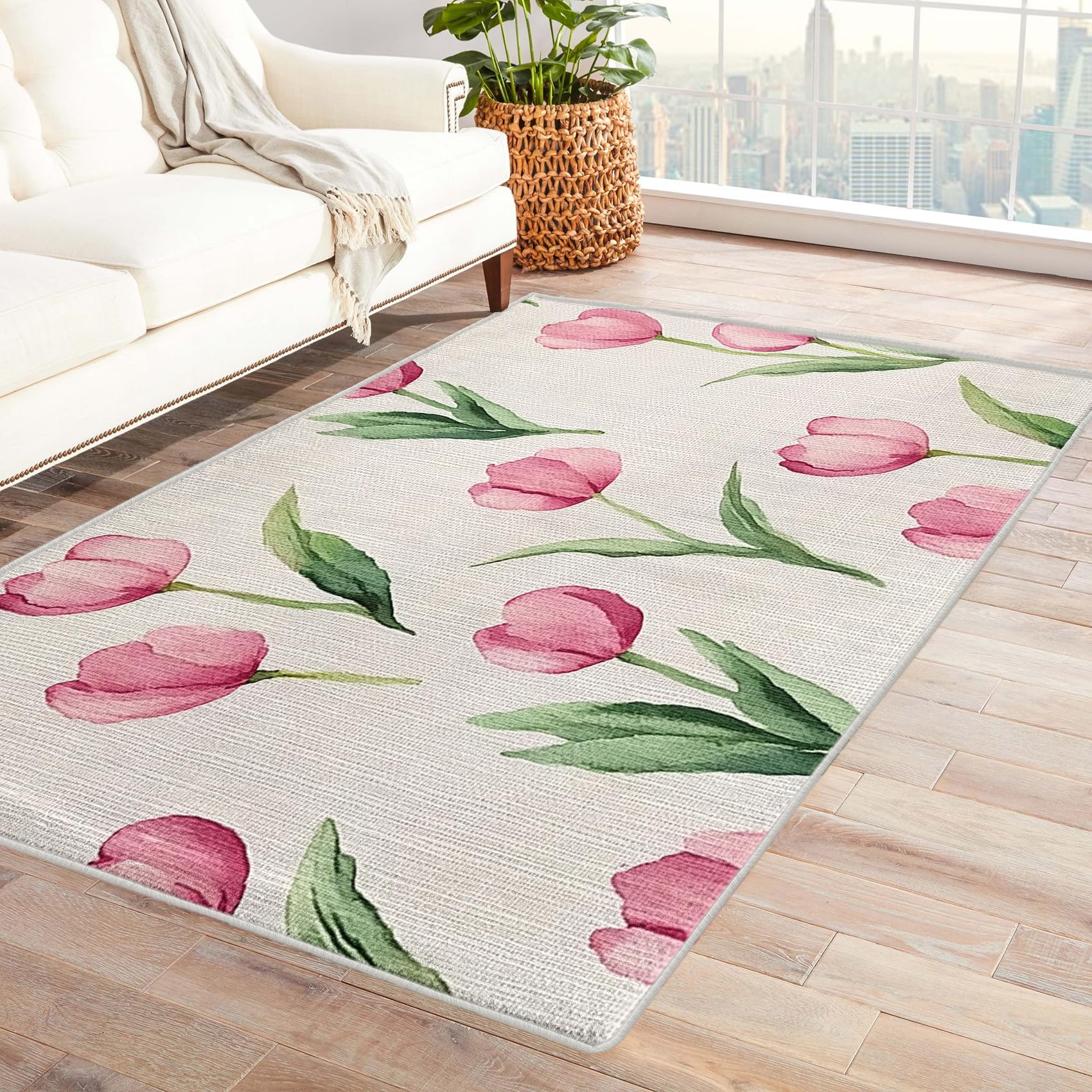 Tapis tulipe rose lavable carré 120x120 déco salon fleur antidérapant