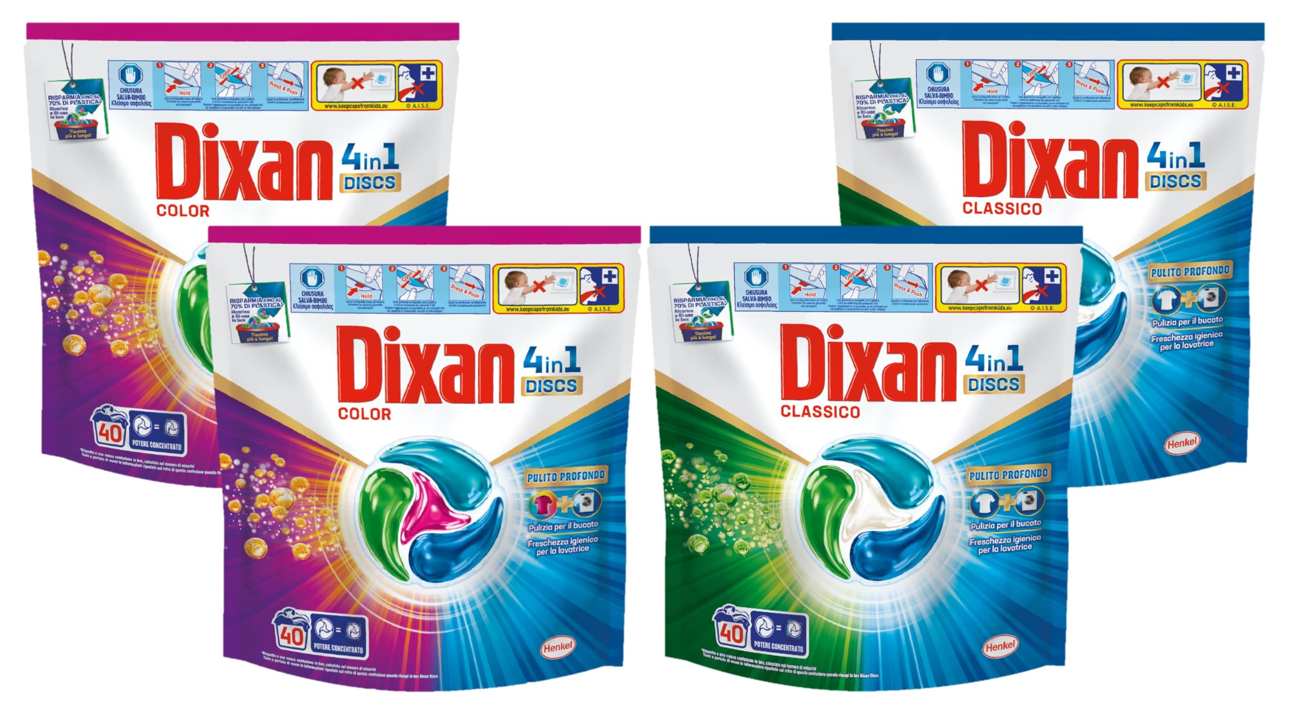 Dixan DISCS 4in1 Classico x 2 + Color x 2 Detersivo Lavatrice (40 Lavaggi), Capsule lavatrice per una pulizia profonda del bucato e freschezza igienica per la lavatrice, Rimuove le macchie da 20°C