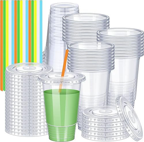 Vasos de plástico transparente con tapas planas y pajitas de cristal PET vasos de plástico desechables de gran tamaño para batidos café helado