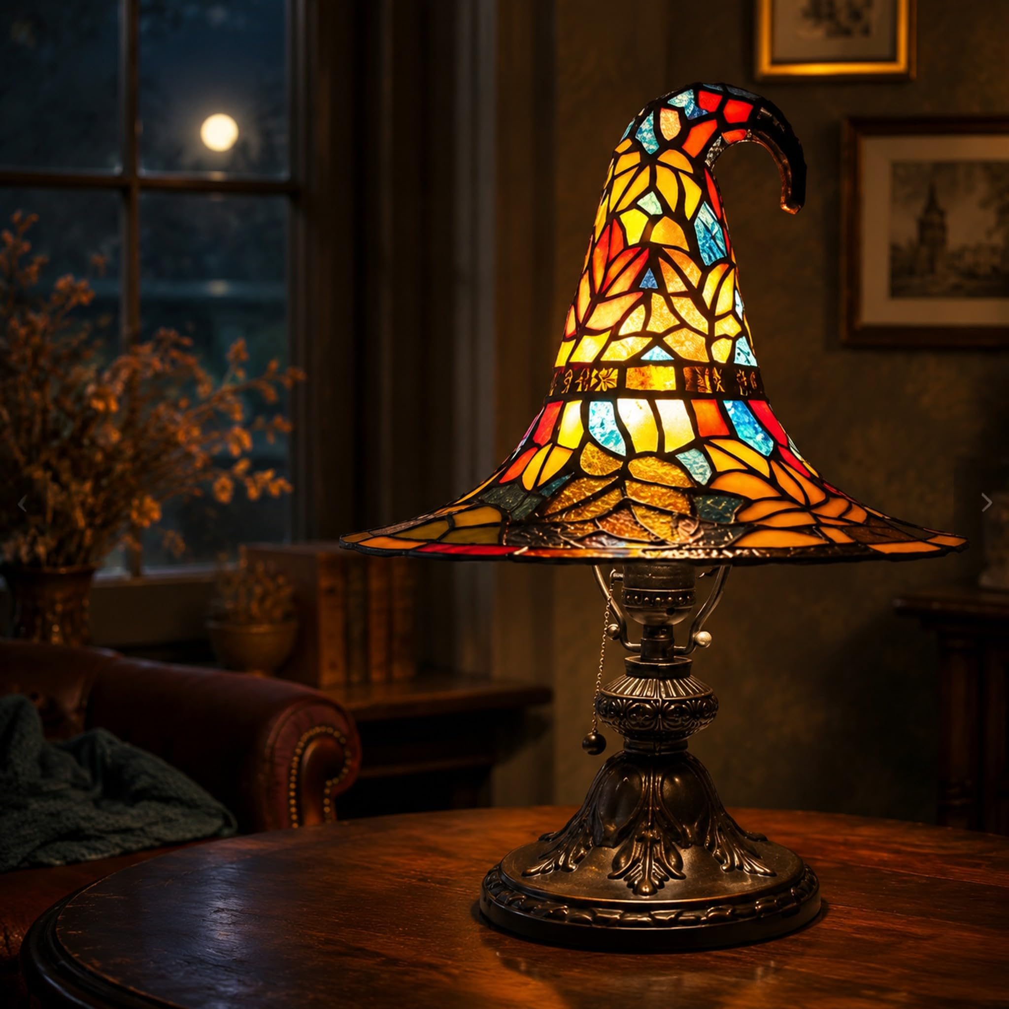Stained Glass Witch Hat Table Lamp Halloween Table Decor Night Light (Rainbow)