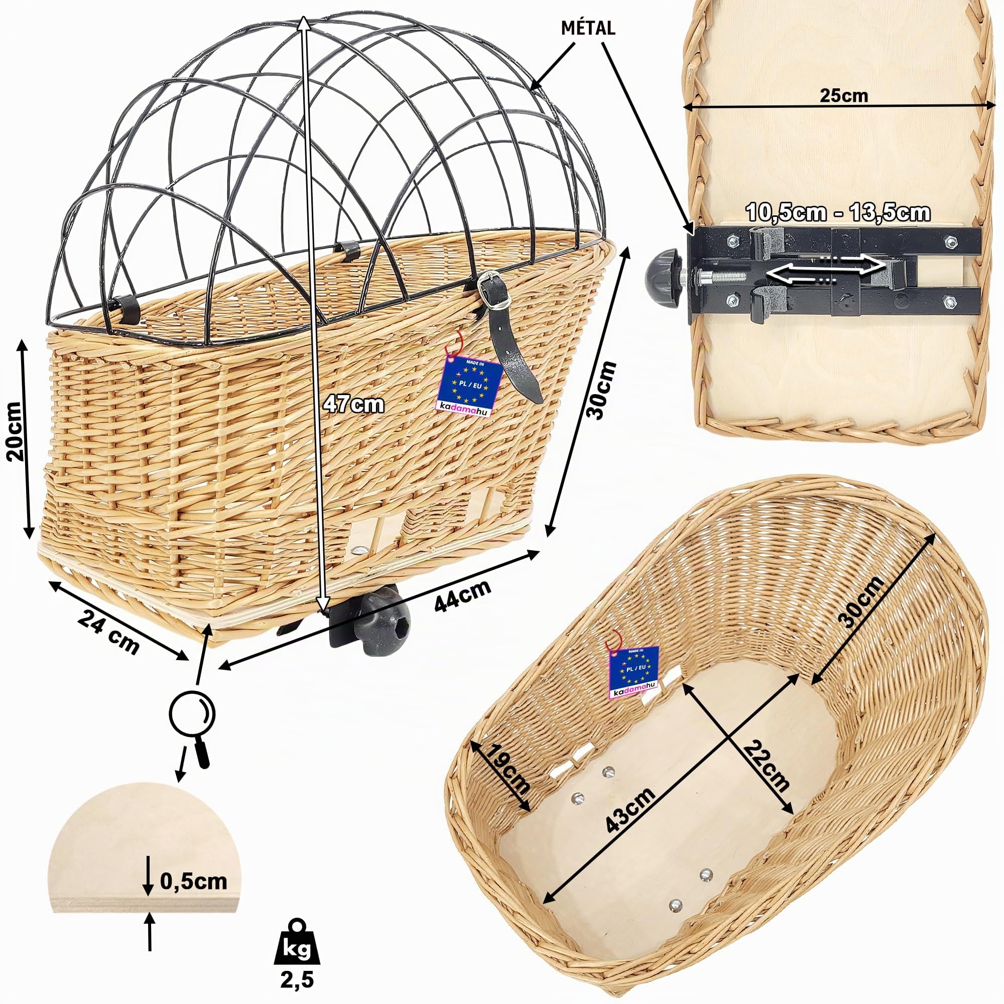 Panier de vélo en Osier pour Chiens et Chats jusqu'à 8 kg 47x44x24 cm – Panier tressé à la Main pour Porte-Bagages avec Grille métallique, Coussin Doux, Brun