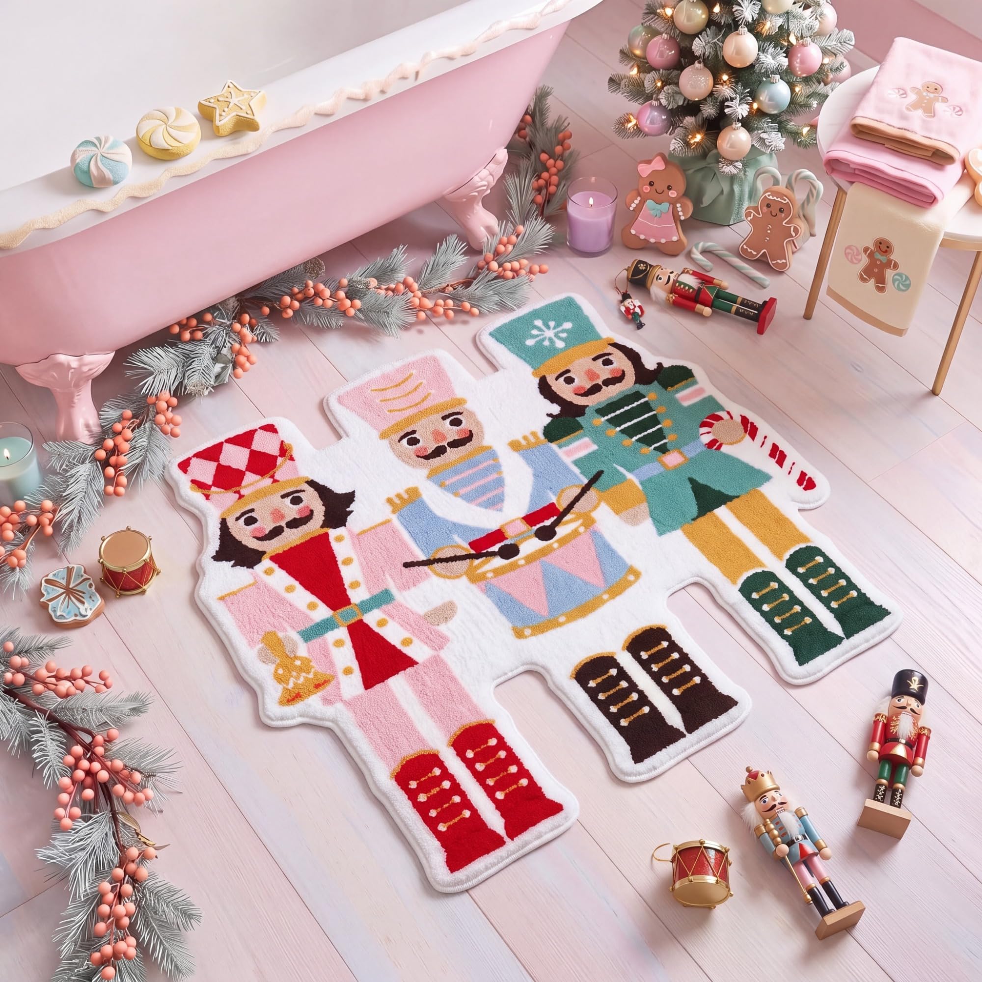 Nutcracker Christmas Bathroom Rug, 26" x 28", Pink Blue Green