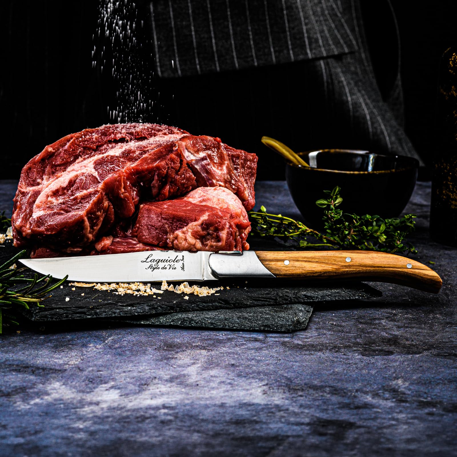 Laguiole Style de Vie Juego de 6 cuchillos de madera de olivo para carne