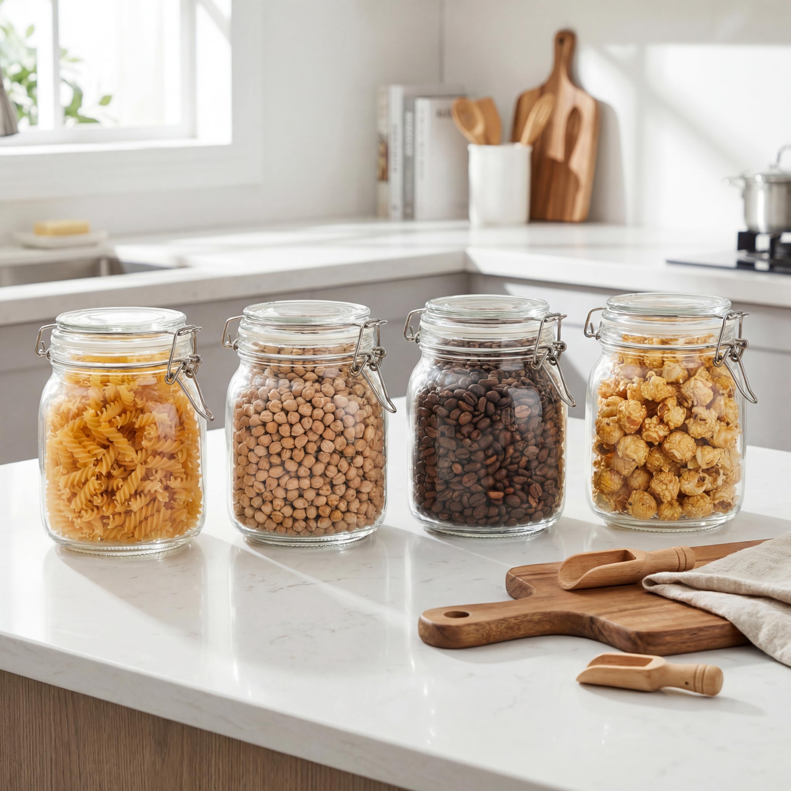 Kingrol 4 tarros de vidrio de 34 onzas, tarros de almacenamiento de boca ancha con tapa de sujeción y gancho
