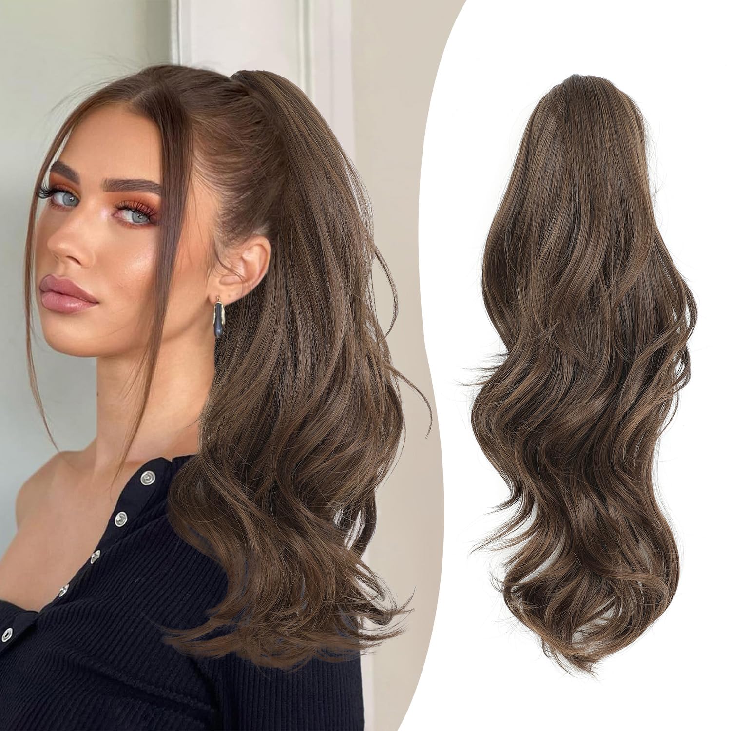 FINE PLUS Ponytail Extension Claw Clip in Ponytail Hair Extensions for Women 20inch Synthetic Wavy Clip in Pony Tail Hair Extensions for Daily Party Use Chestnut Brown Color