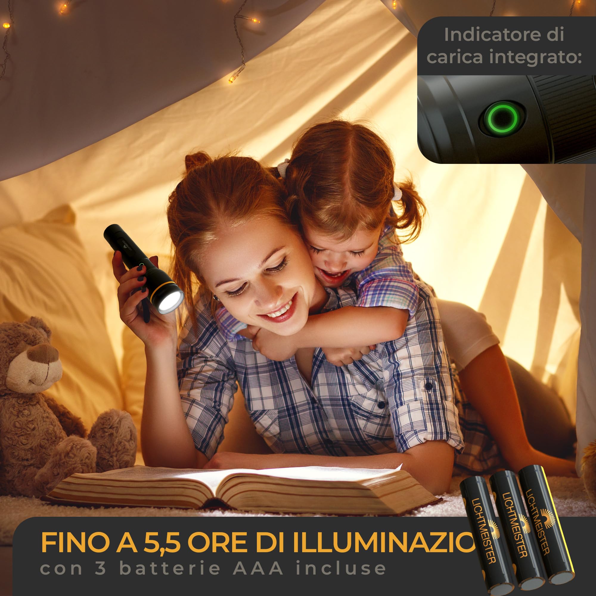 LICHTMEISTER® Torcia (500 lumen con batterie AAA) – Torcia LED potente professionale - estremamente luminosa