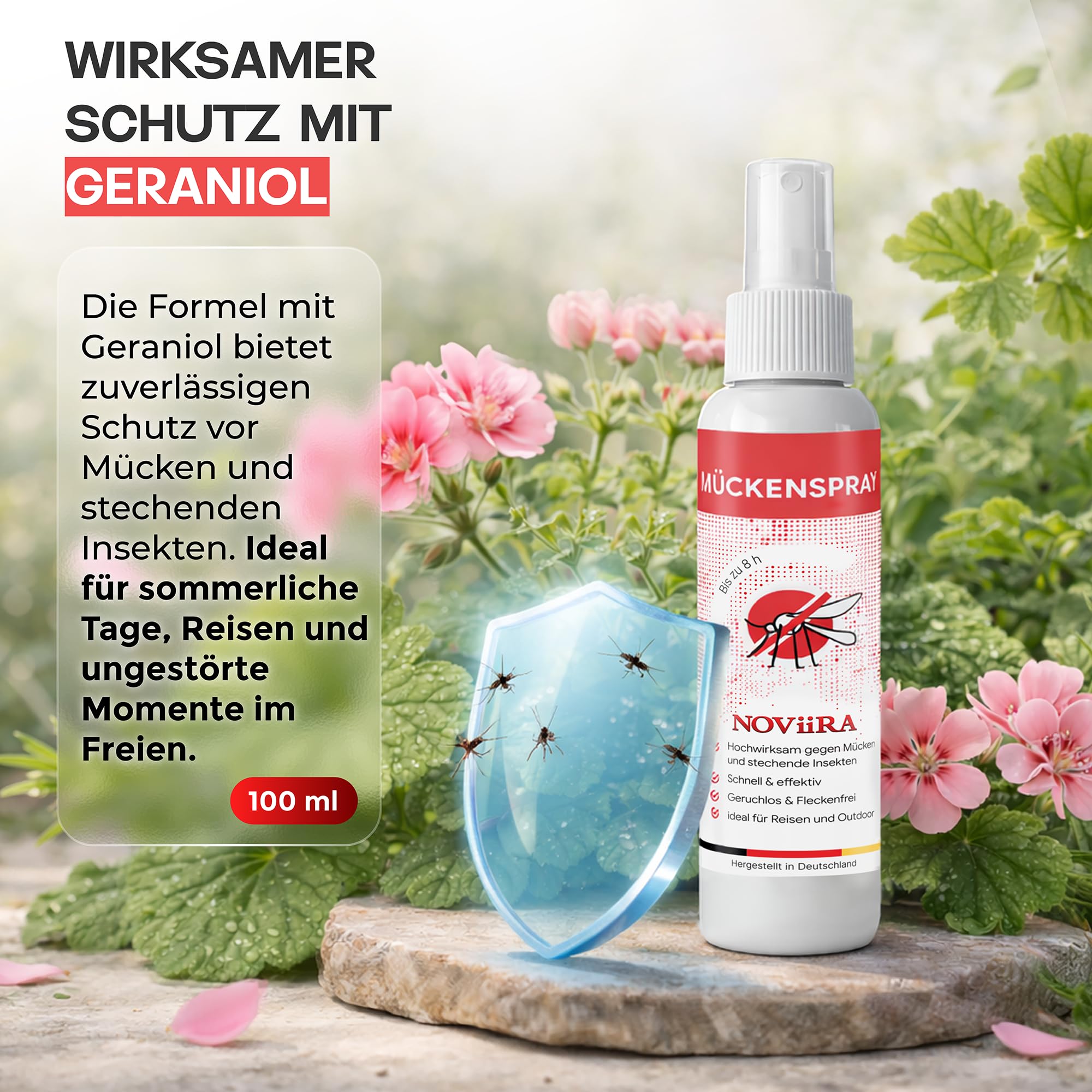 Mückenschutz 100 ml, schnellwirkender natürlicher Insektenschutz, hautverträglich und fleckenfrei für Reise, Outdoor und Alltag, Geraniol-Zitrus-Duft, Insektenspray, Mückenschutz Haut, Mückenspray