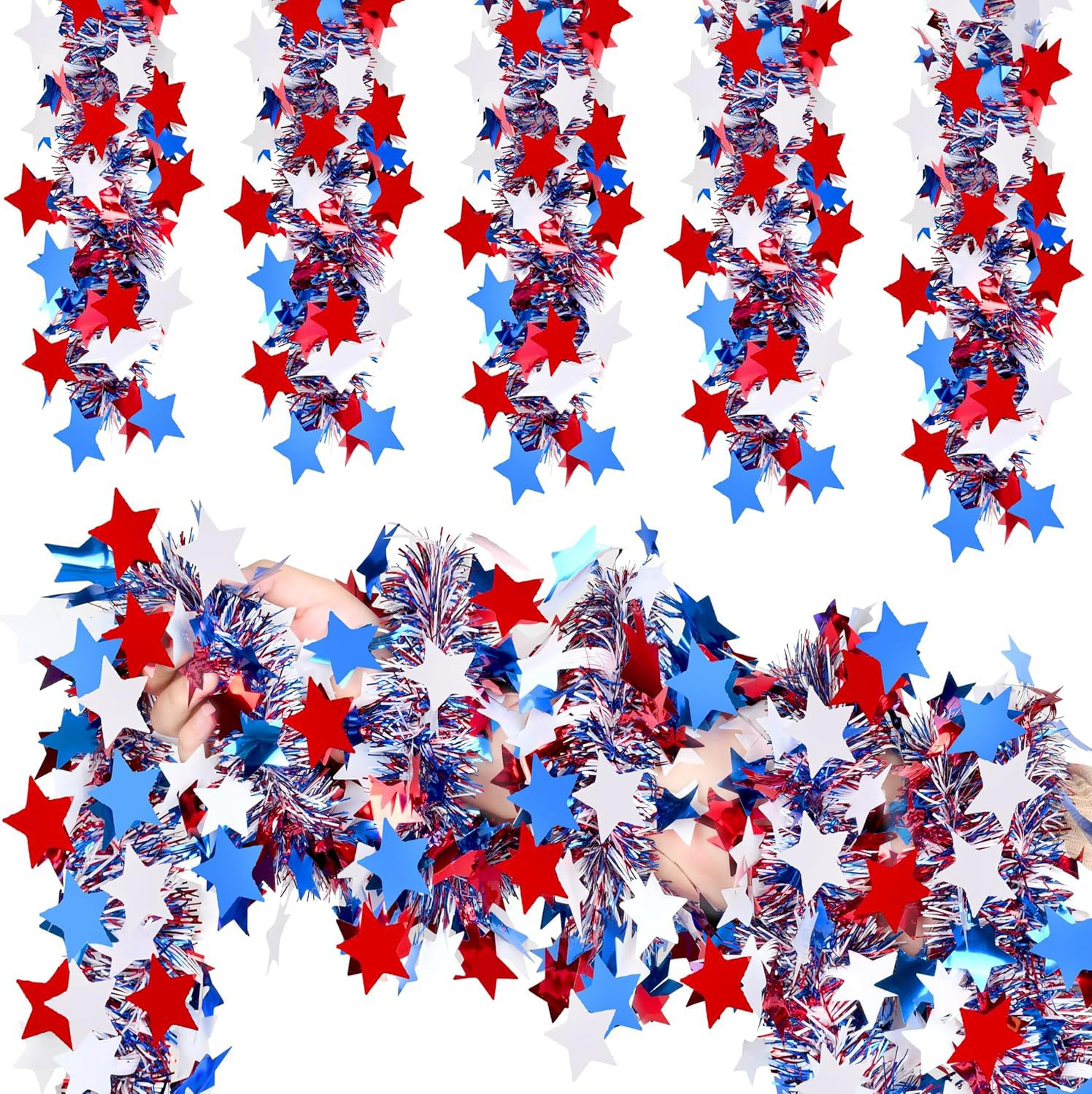 50FT 4th of July Patriotic Tinsel Garland, Glitter Tinsel Garlands with Red White Blue Star, Metallic Holiday Hanging Streamers for Memorial Day Independence Day Indoor Outdoor Party Décor
