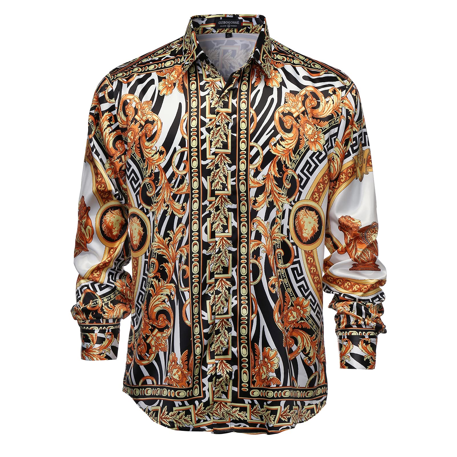 Camisa de vestir con botones de satén para hombre, ajustada, de manga larga y con estampado floral de lujo, de seda, para fiesta, graduación o discoteca
