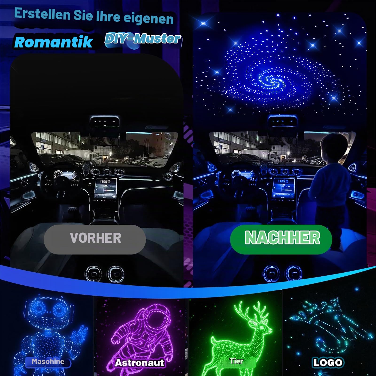 VASTFIRE Starlight Headliner Kit – 500 Stück 0,03 Zoll 9,8 Fuß Glasfaser-Sternenlichter für Autos mit 16 W RGBW, Twinkle & Music Sync, APP/Fernbedienung für Autodach/Schlafzimmerdecke
