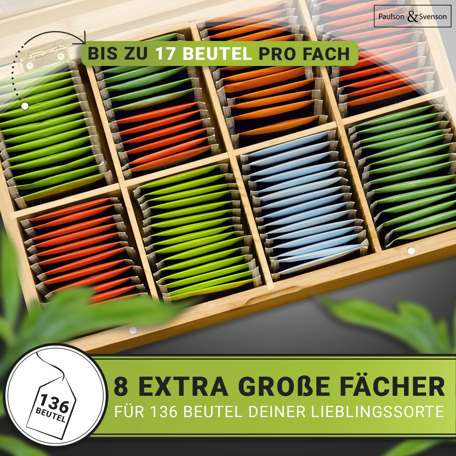 Paulson & Svenson - Boîte à thé durable avec 8 compartiments en bois - Rangement hermétique en bambou certifié - Organiseur de thé avec fermeture magnétique et couvercle en verre - Rangement des