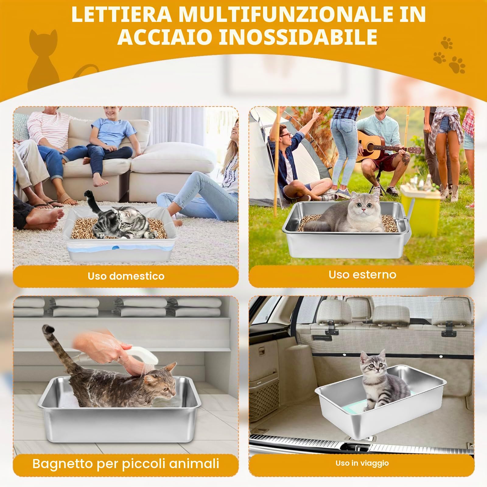 Gabinetto per lettiera in acciaio inossidabile con coperchio, grande vassoio per riempimento per lettiera per gatti con pellet di pino e gatti di piccola taglia (20 cm)