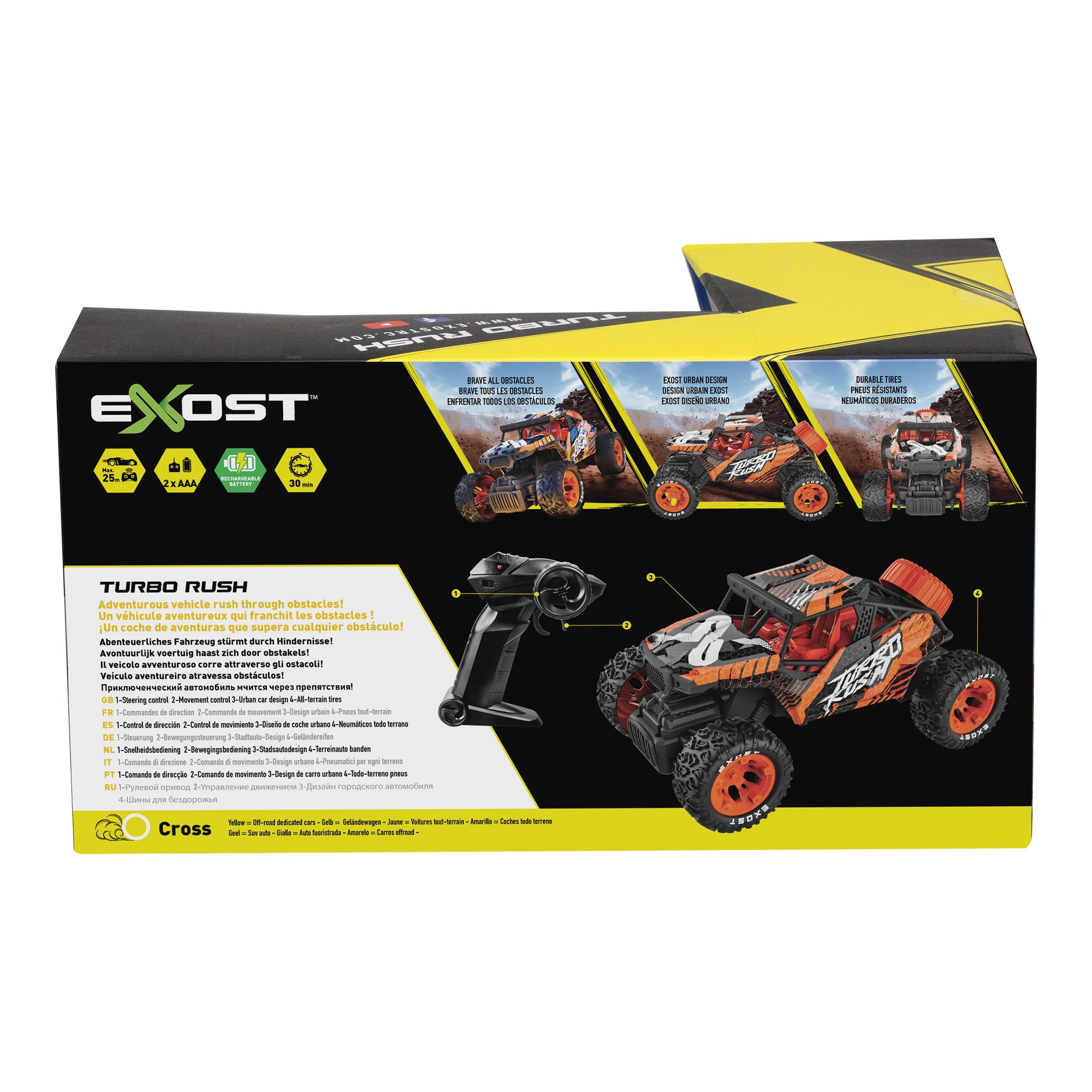 Exost Turbo Rush - Coche de control remoto de 2,4 GHz, función completa, carreras todoterreno, neumáticos duraderos, batería recargable, juguete para niños a partir de 5 años