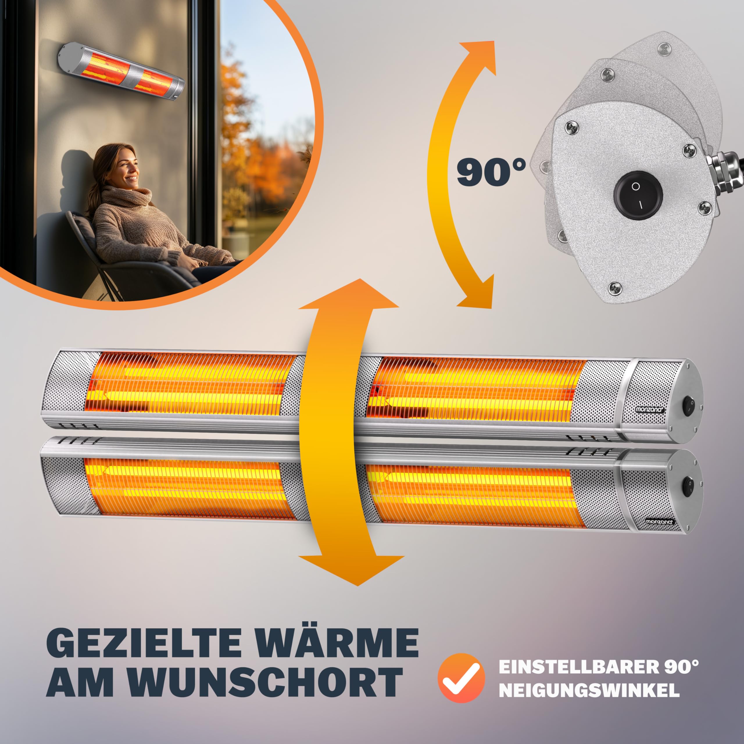 MONZANA® Infrarot Heizstrahler Goldröhre 3000W App Steuerung 3 Stufen Fernbedienung Outdoor Wärmestrahler Terrassenheizer Terrassenstrahler Silber