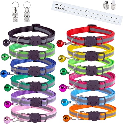 Extodry Paquete de 14 collares reflectantes para gatos con campanas, hebilla de seguridad, con etiqueta de nombre, ajustable, ideal para niñas y