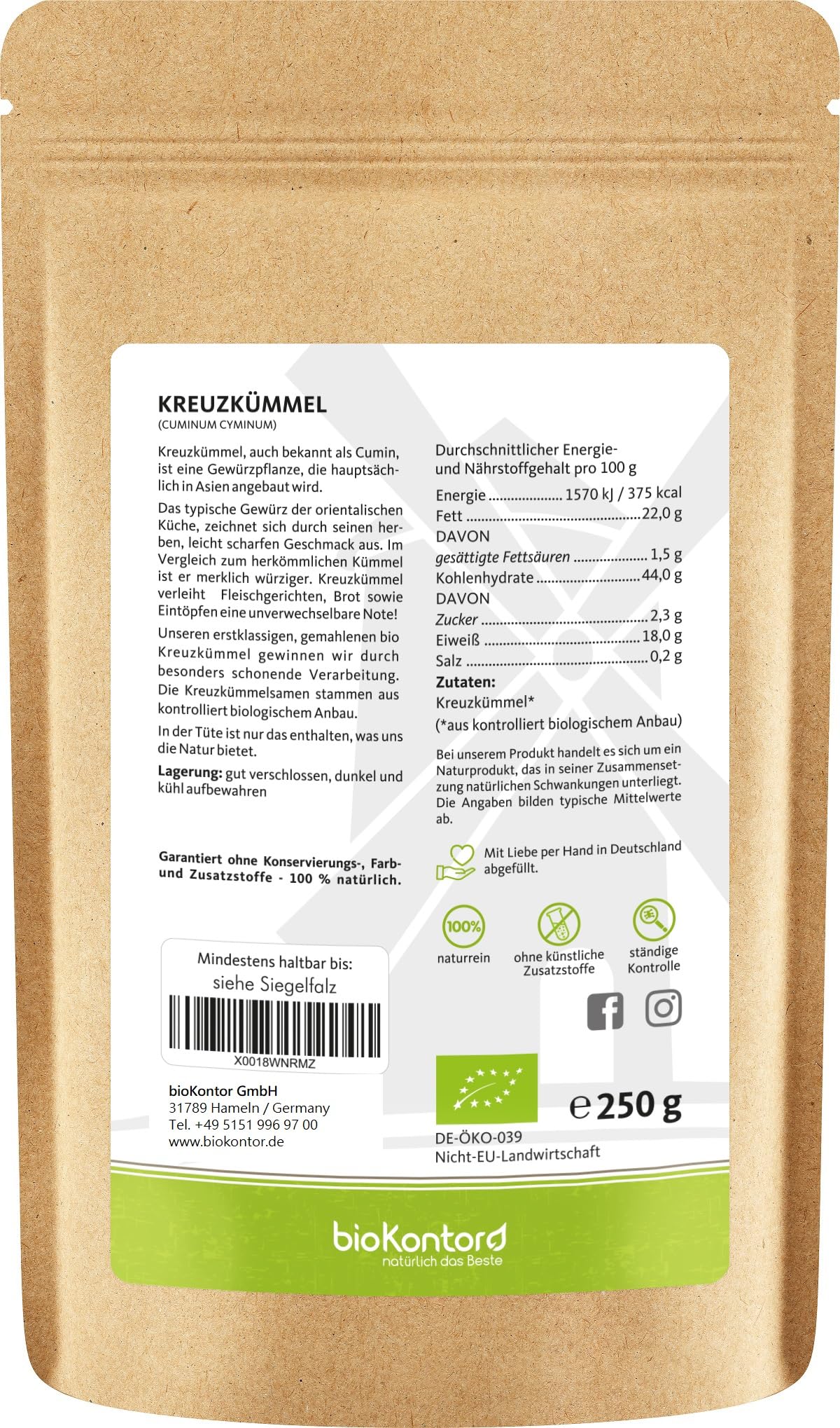 Kreuzkümmel gemahlen BIO 250 g I Kreuzkümmelpulver ohne Zusätze I gemahlener Cumin aus kontrolliert biologischem Anbau von bioKontor