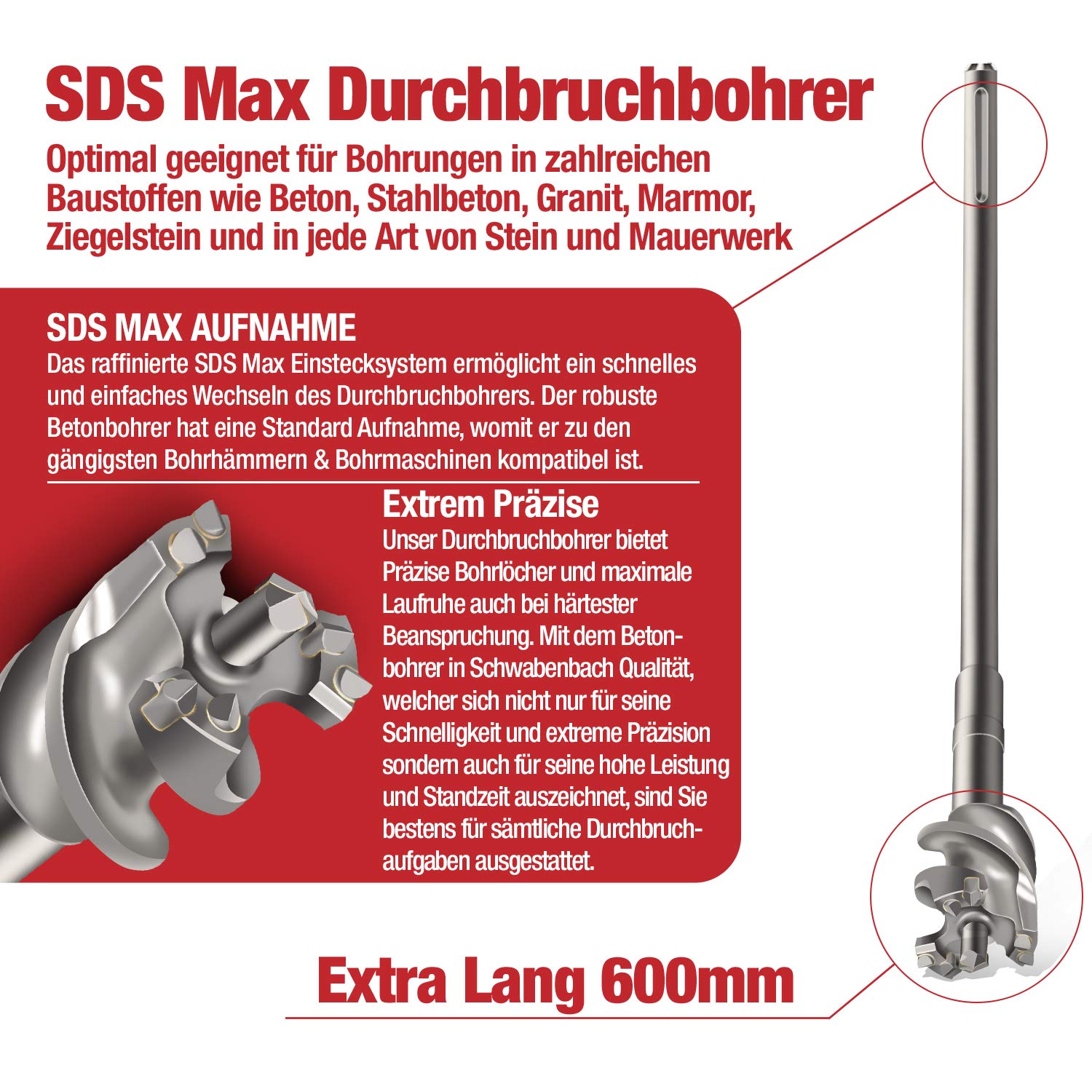 SCHWABENBACH® Broca Perforadora para Hormigón 65 mm x 600 mm - Perforación precisa y rápida en Hormigón, con punta de metal duro