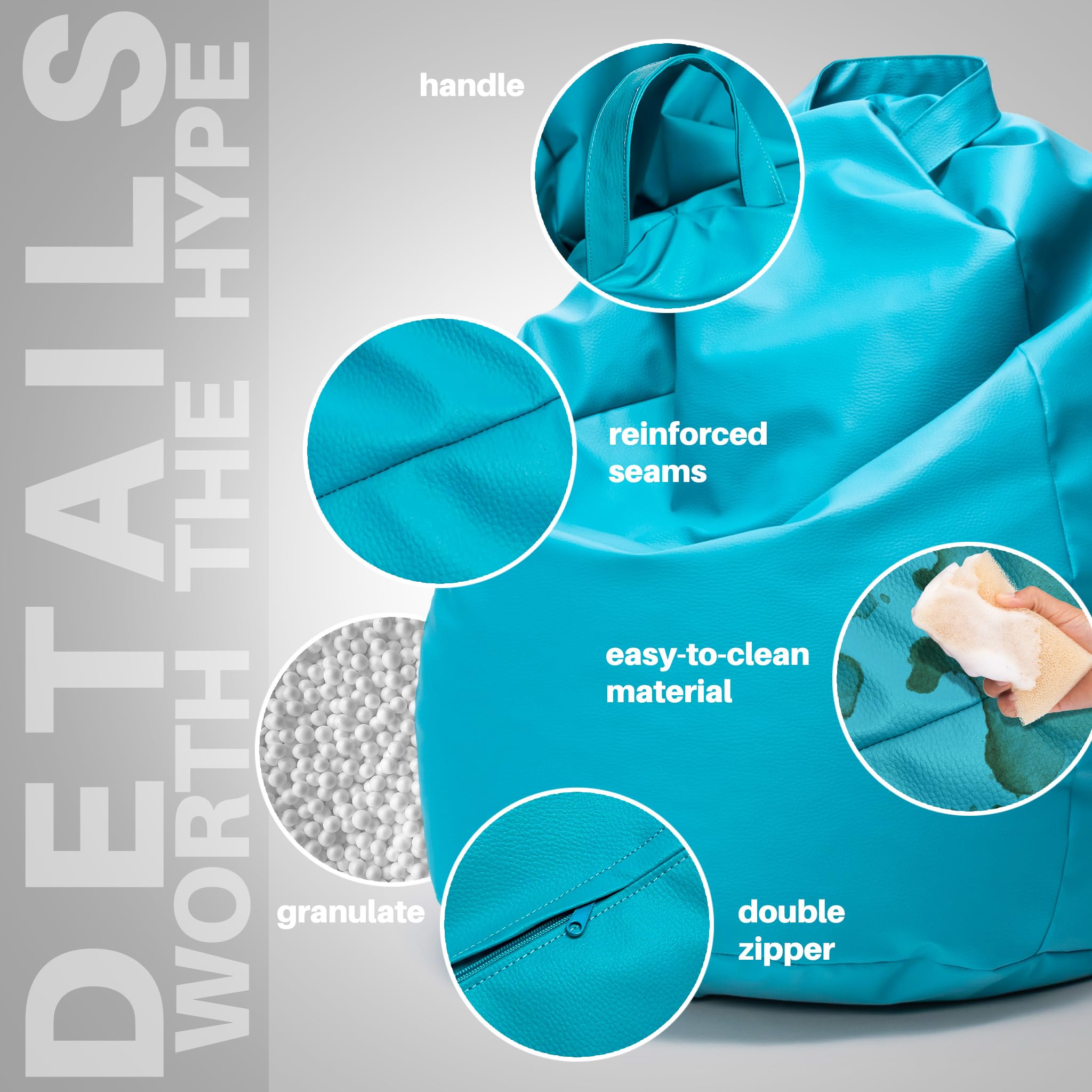 Ecopuf Pouf in similpelle con imbottitura in perline EPS, divano Etterfest, poltrona XXL per bambini, poltrona per adulti, sgabello, pouf, cameretta, sgabello da gaming, taglia S - 80x50 cm