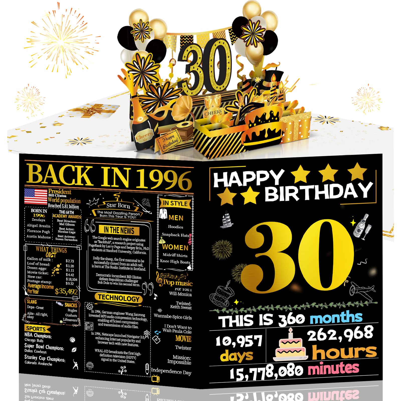 Photo 1 of Joycard 30th Birthday Card for Women Men, 3D Pop Up Happy Birthday Gift for Her Him, Funny 30 Year Old Birthday Decorations for Daughter Son, Back in 1996 Laser Gold Retro Theme