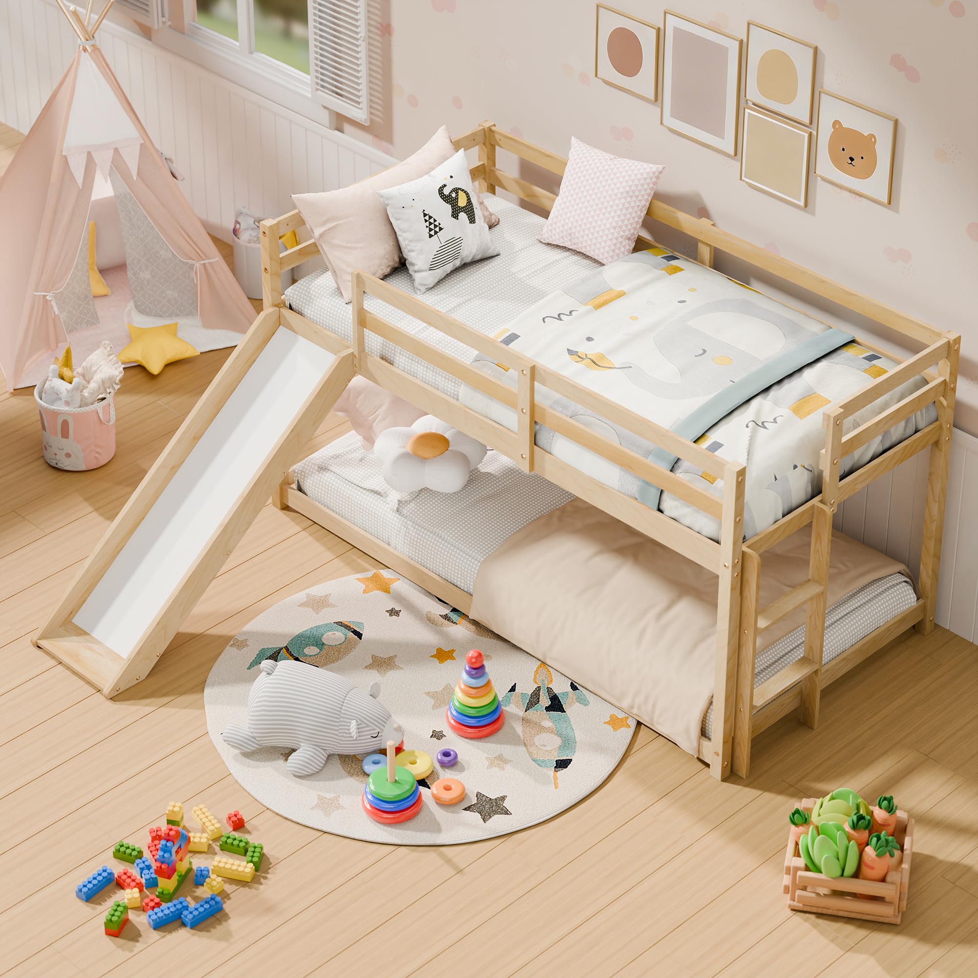 MU Twin Bunk Bed with Slide, Wood Low Bunk Bed Frame with Climbing Ladder & Safety Guard Rail, Floor Loft Bed with Lower Storage Space for Kids Toddler, Natural Wood