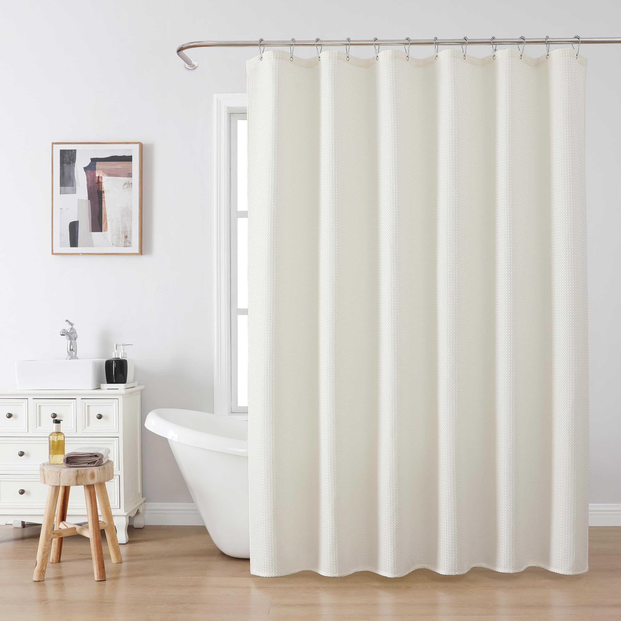 Zasłona Prysznicowa do Łazienki z Metalowymi Haczykami Zasłona Prysznicowa z Tkaniny Waflowej Wytrzymała Zasłona Wanny do Kabiny Prysznicowej Wanna - 182 x 182cm (Krem)