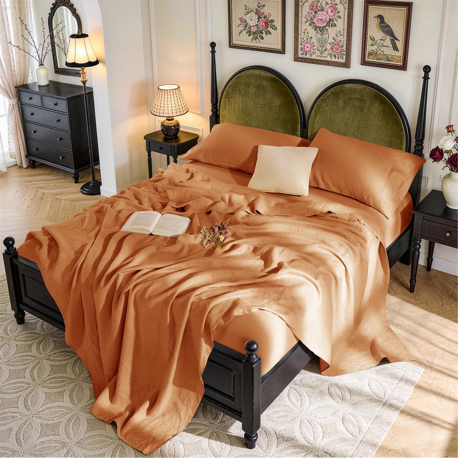 Photo 1 of SONORO KATE 100% French Pure Linen Sheets, Breathable and Durable Linen King Size Sheets, Anti-Tear Linen Bed Sheets, Machine Washable, 16 Inch Deep Pocket - 4 Piece (Orange, King)