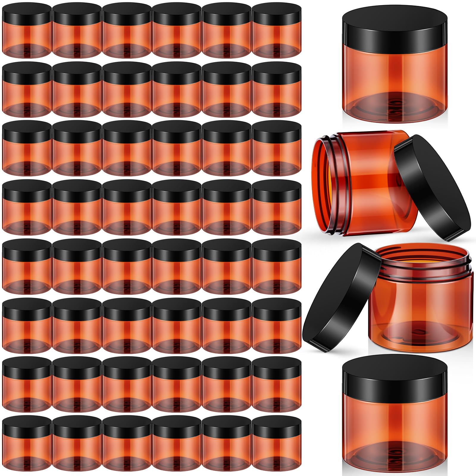 Patelai 48 Pack 4 oz Tawny Plastic Jars with Black Lids Empty Containers Round Plastic Jars Wide-mouth Refillable Storage Organizers for Cosmetics Lotions Butters Slime Making and Food Storage