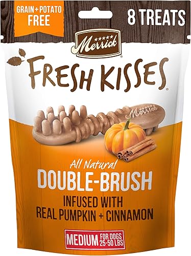 Merrick Fresh Kisses - Masticables dentales naturales, golosinas infundidas con calabaza y canela para perros medianos de 25 a 50 libras, bolsa de