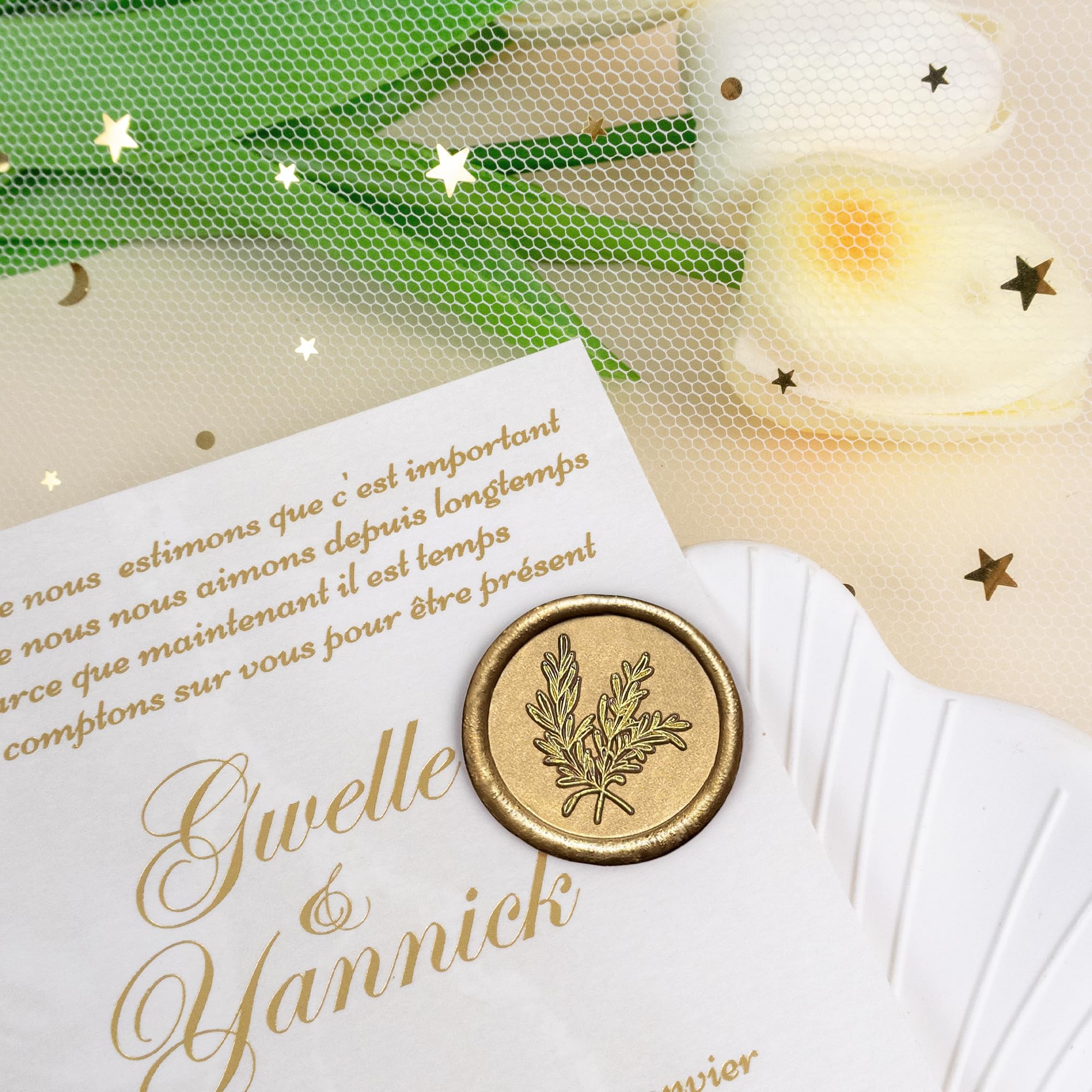 25 calcomanías de cera hechas a mano, sellos de cera autoadhesivos para invitaciones de boda, fiesta, sobres, envoltura de regalo, Navidad (estilo romero, cera de bronce)