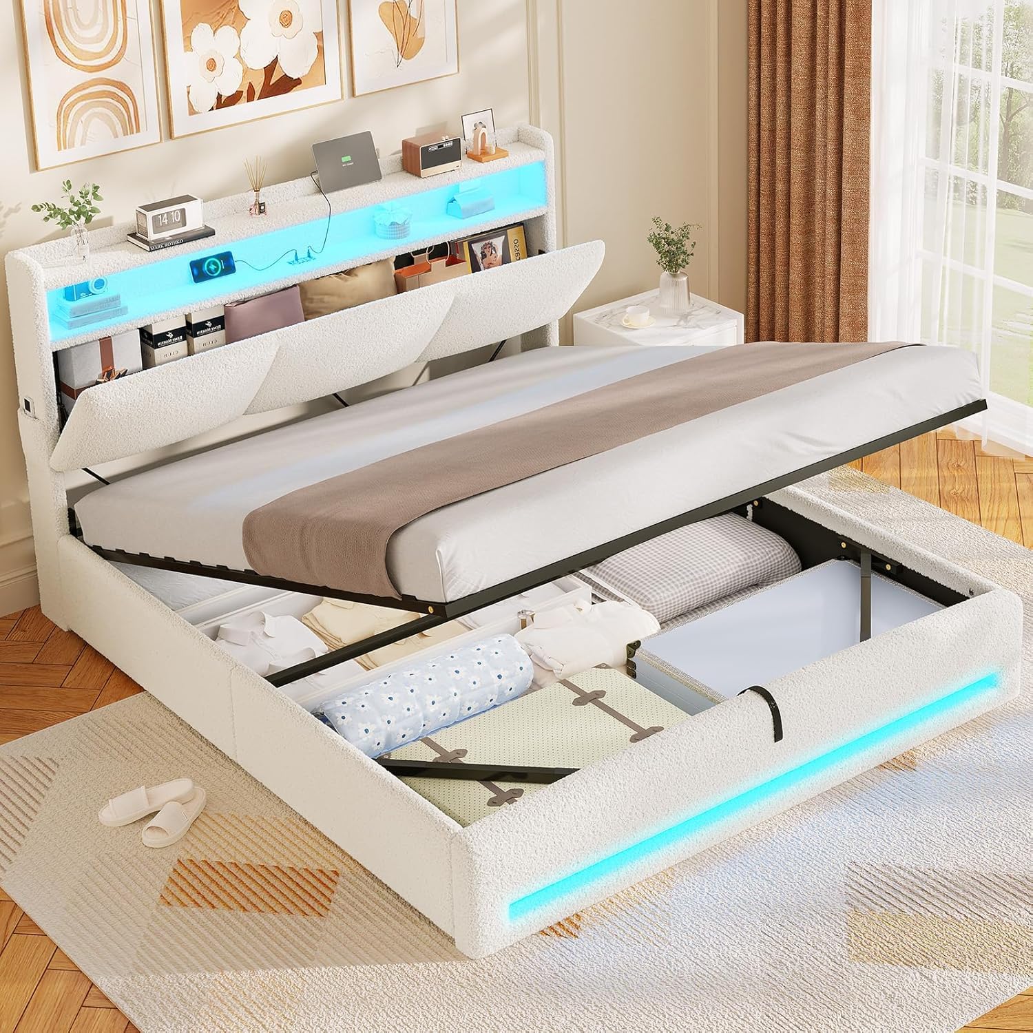 AGOLLATI Letto Contenitore Matrimoniale, Letto 140 x 200 cm con Illuminazione a LED e Stazione di Ricarica, Letto Matrimoniale con Sollevamento Idraulico e Testiera Imbottita, Beige (Teddy Fleece)