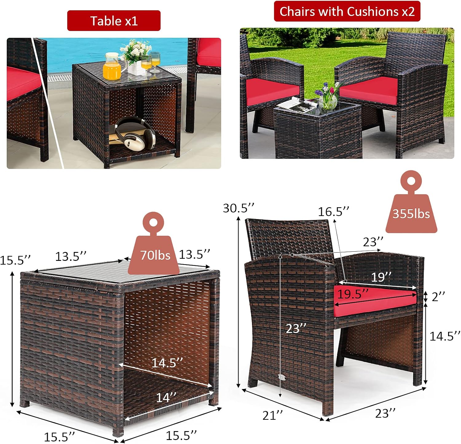 Tangkula 3-Piece Outdoor PE Rattan Furniture Set, Patio Conversation Set w/Chair & Storage Coffee Table, Detachable Cushion, Stable X-Shaped Frame, Perfect for Garden, Backyard, Poolside (Red)