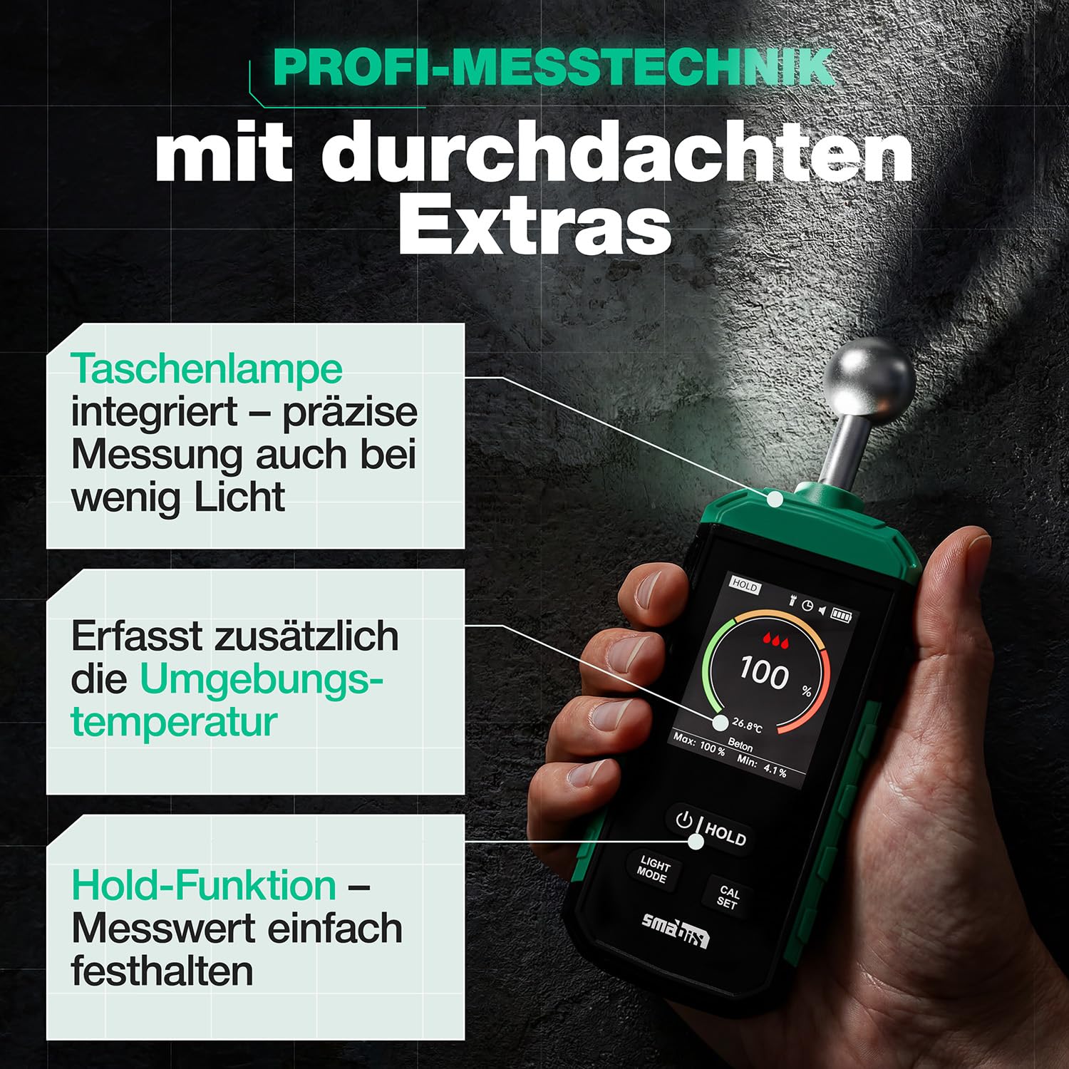 Smabix® Feuchtigkeitsmessgerät Wand I USB-C Akku, präzise Messung I geeignet für Holz, Beton, Granit, Gips – Profi Gerät - inkl. Taschenlampe, Feuchtemessgerät, Holzfeuchtemessgerät, Humidity Meter