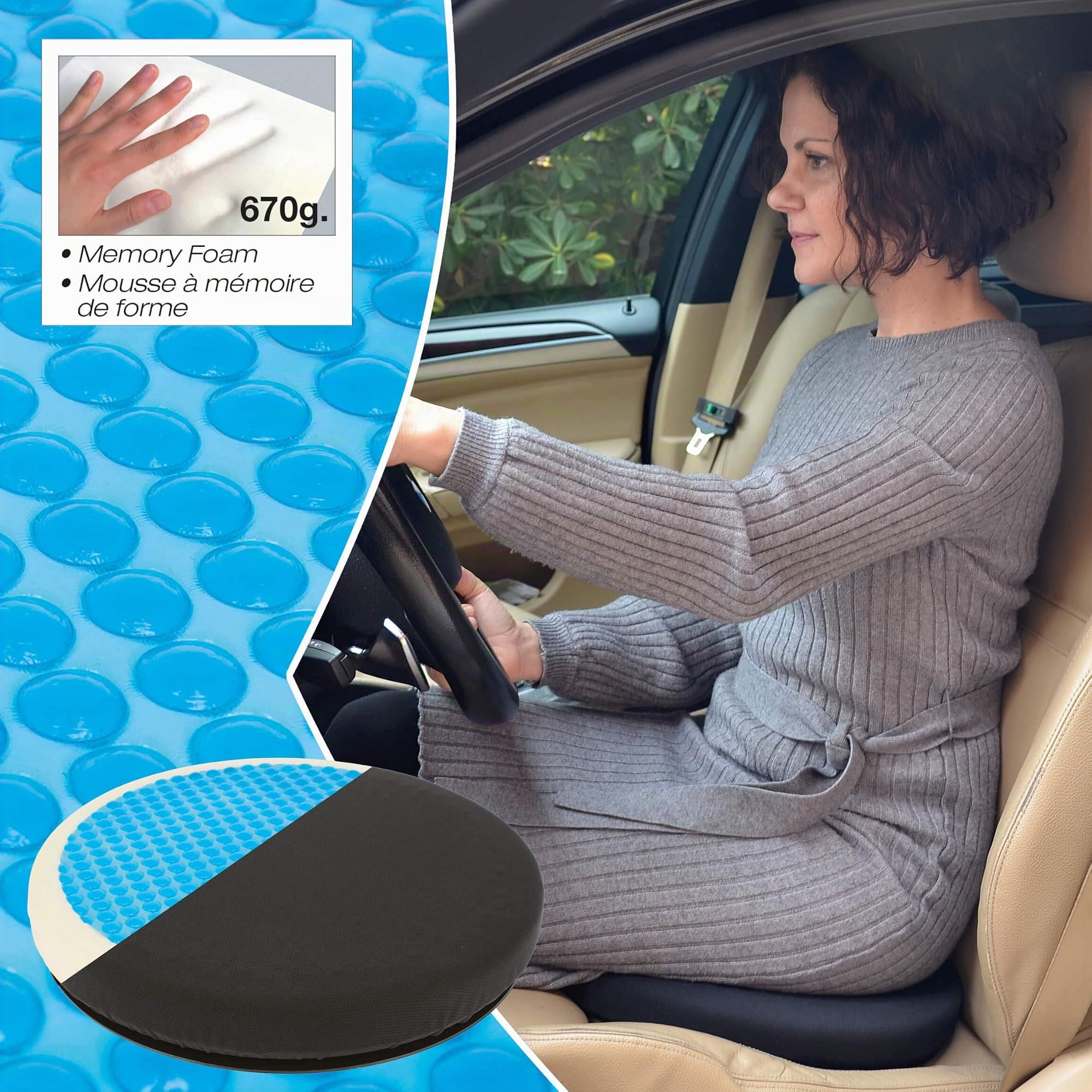 S SUMEX RK19009 Coussin Rond Rotatif à 360 degrés avec Gel et Mousse à mémoire de Forme pour Voiture, Bureau et Tous Types de sièges