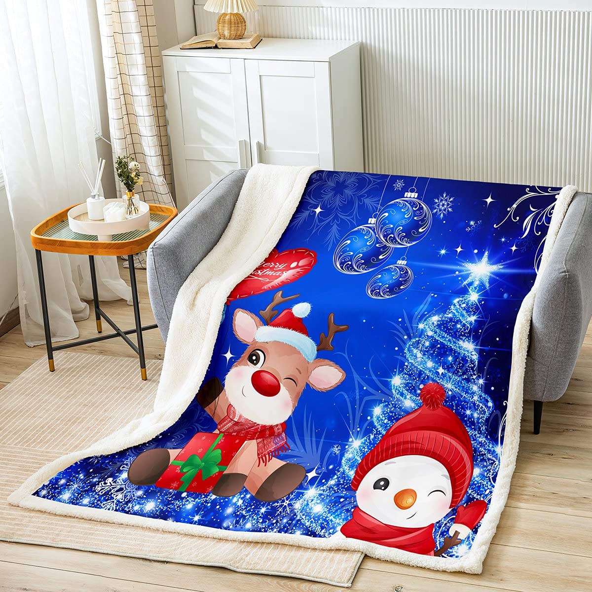 Loussiesd Kids Christmas Tree Sherpa Blanket Children Cartoon Deer Snowman Throw Blanket Blue Glitter Snowflake Plush Blanket Chic Cute Xmas Gift Fuzzy Blanket for Sofa Bed,Baby 30x40 Inch