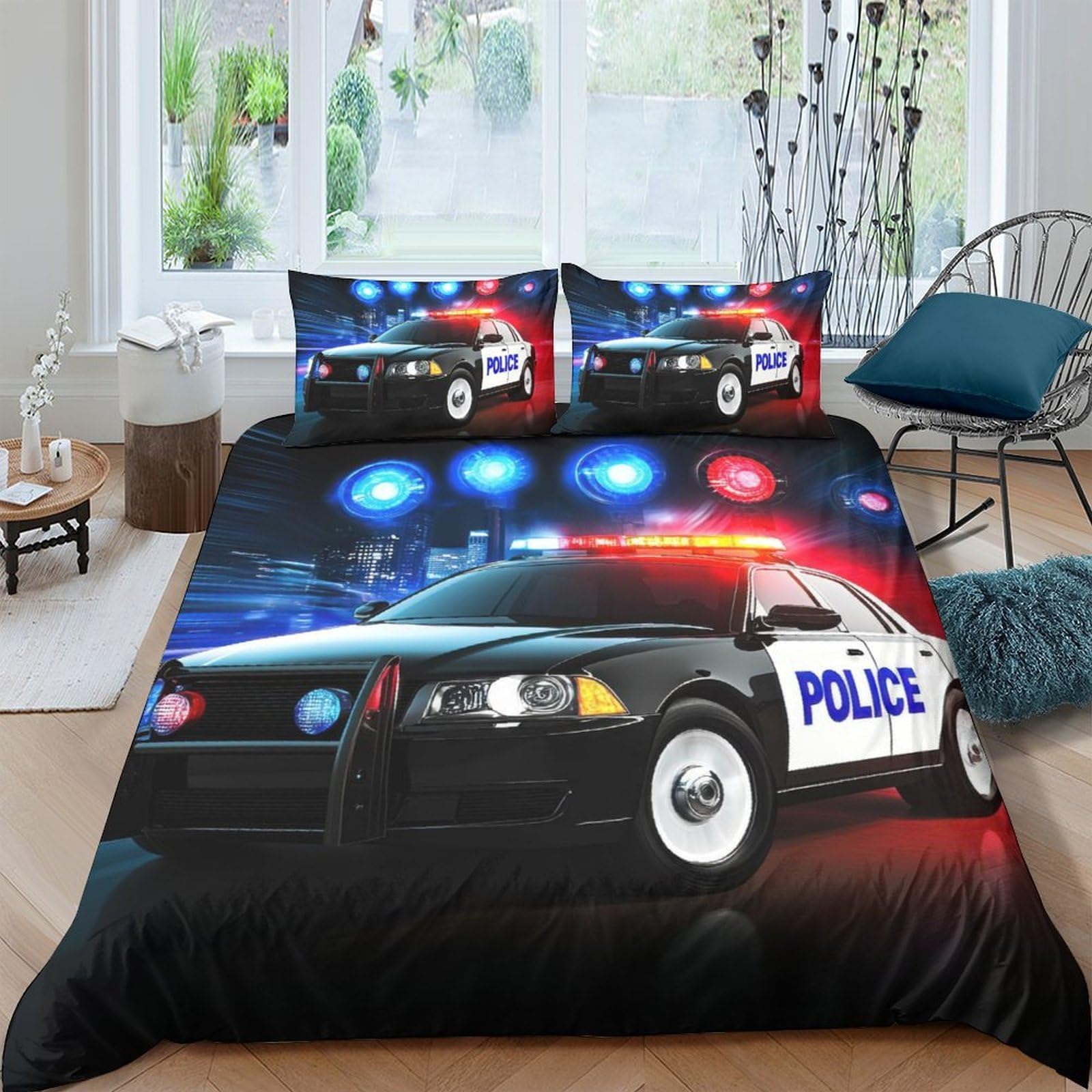 Ctjqhvkz Style-8 3D Printed Police Car Fitted Sheet Microfiber Black Blue Bed Cover For Bedroom Dorm Mattress Protection Decor Single（135X200cm）