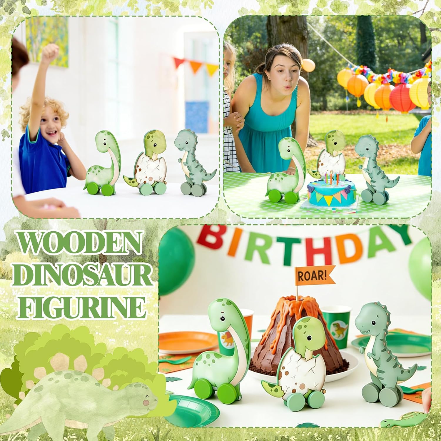 Yinkin 3 Pcs Wooden Dinosaur Baby Shower Table Decorations Rustic Baby Dinosaur Shower Figurines with Wheels Spring Table Centerpiece for Home Office Tiered Tray Decor