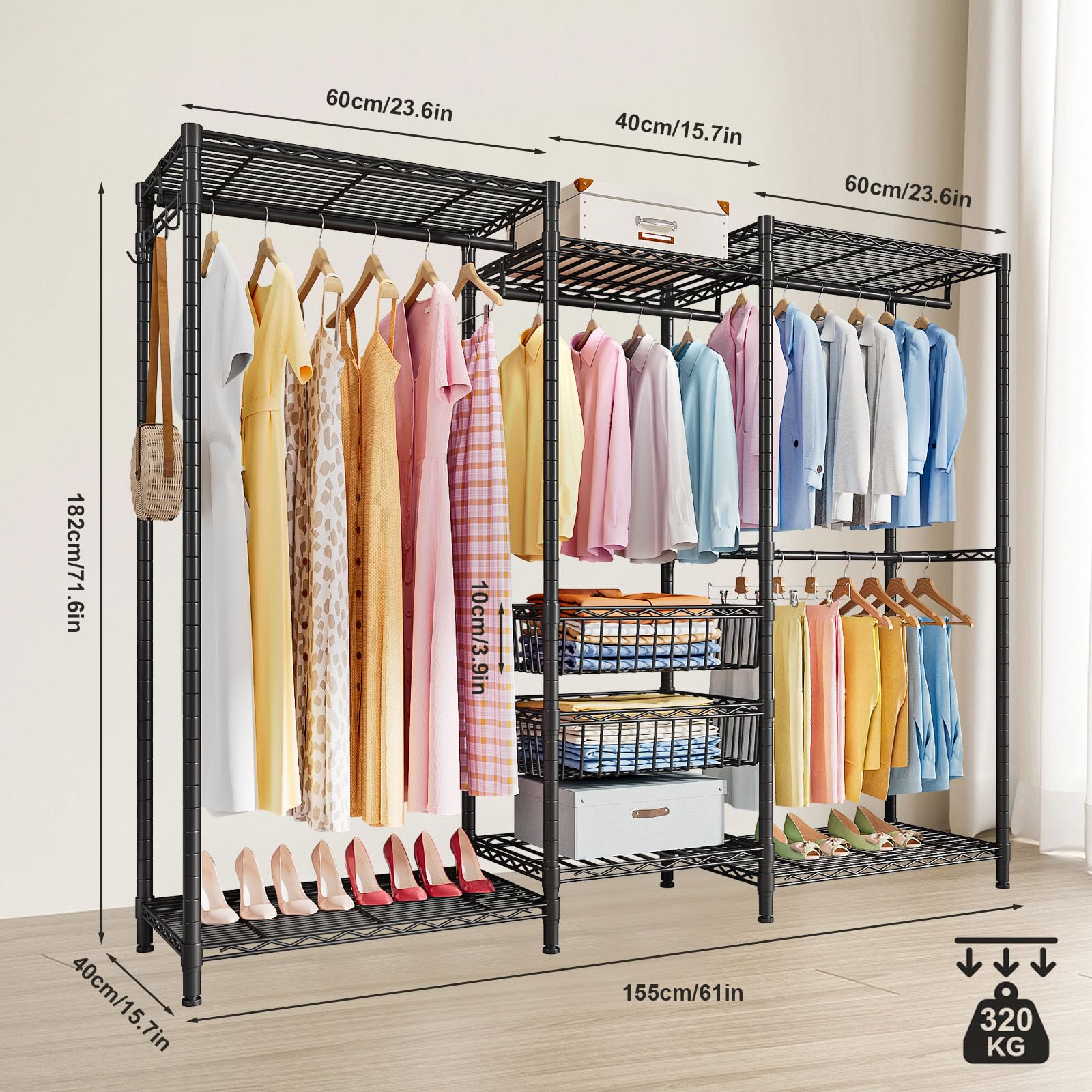 Perchero Metálico de 4 Niveles, Riel para Ropa de Alta Resistencia con Estantes, Carga Máxima 500 lbs, Organizador Grande para Ropa, Negro