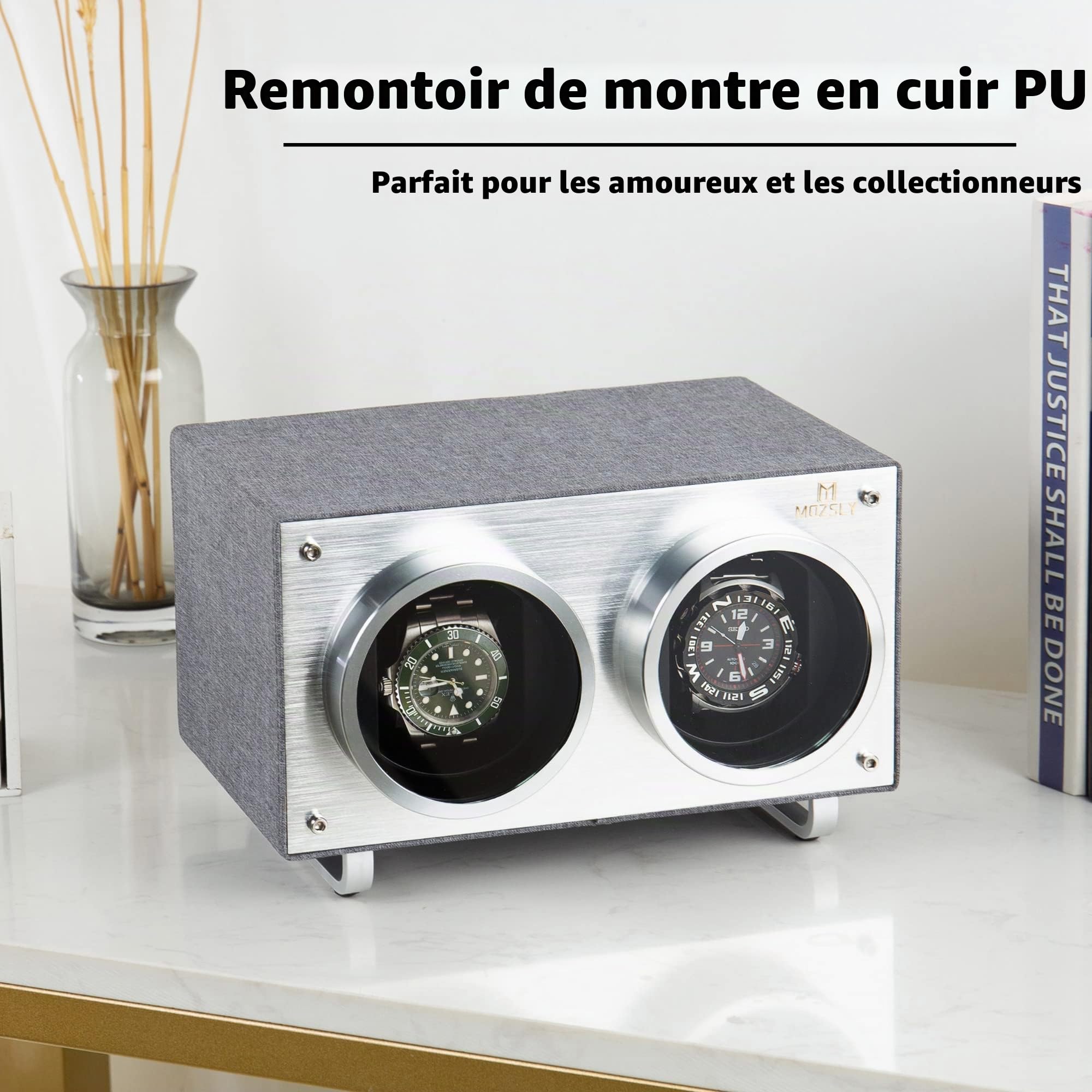 MOZSLY Remontoir de montre double pour montres automatiques moteur silencieux en cuir PU, gris, MOZSLY Remontoir double pour montres automatiques avec moteur silencieux
