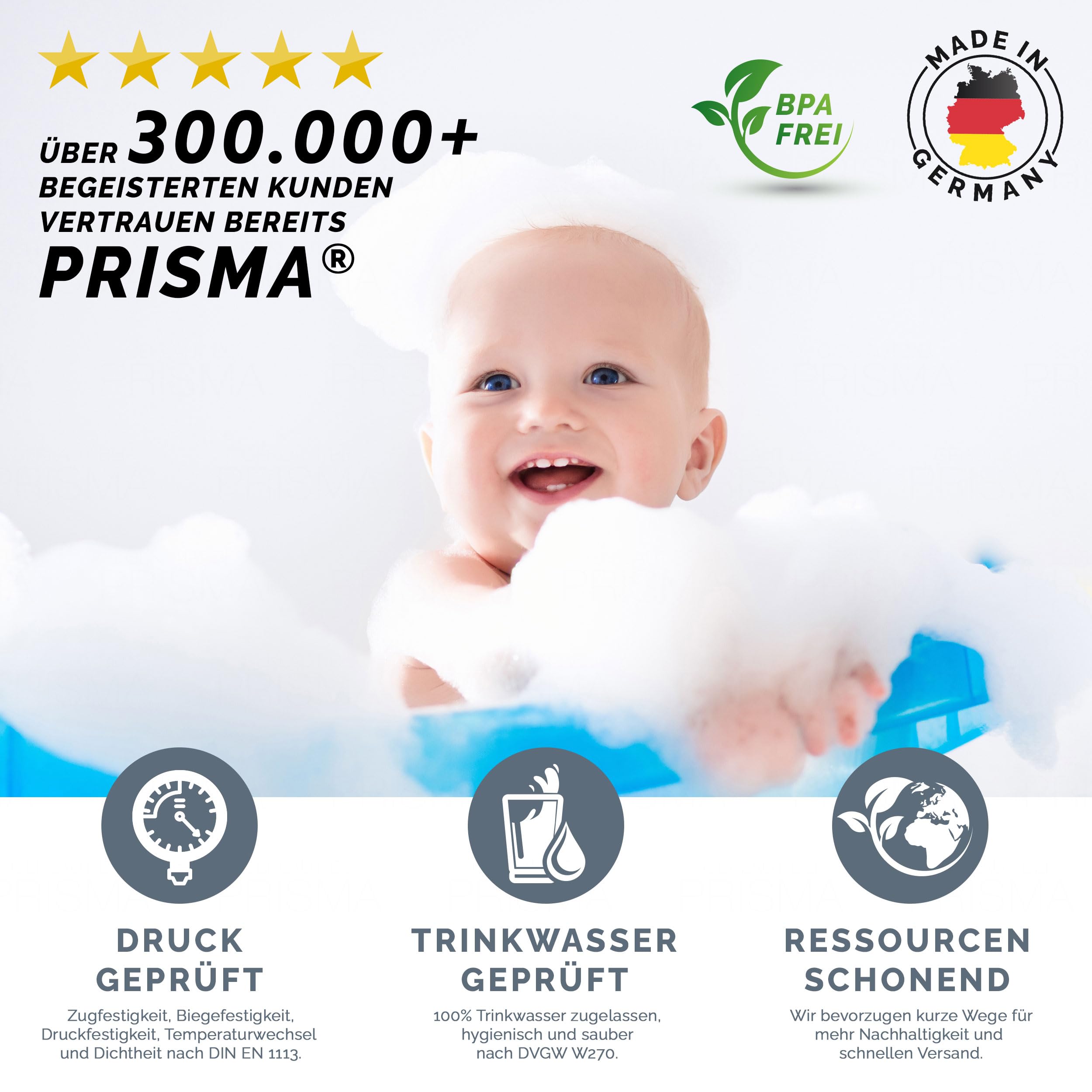 PRISMA Wąż prysznicowy 125 cm ze stali nierdzewnej z podwójną ochroną przed skręcaniem, wąż prysznicowy Made in Germany - bardzo elastyczny, odporny na skręcanie, z zabezpieczeniem przed zagięciem,