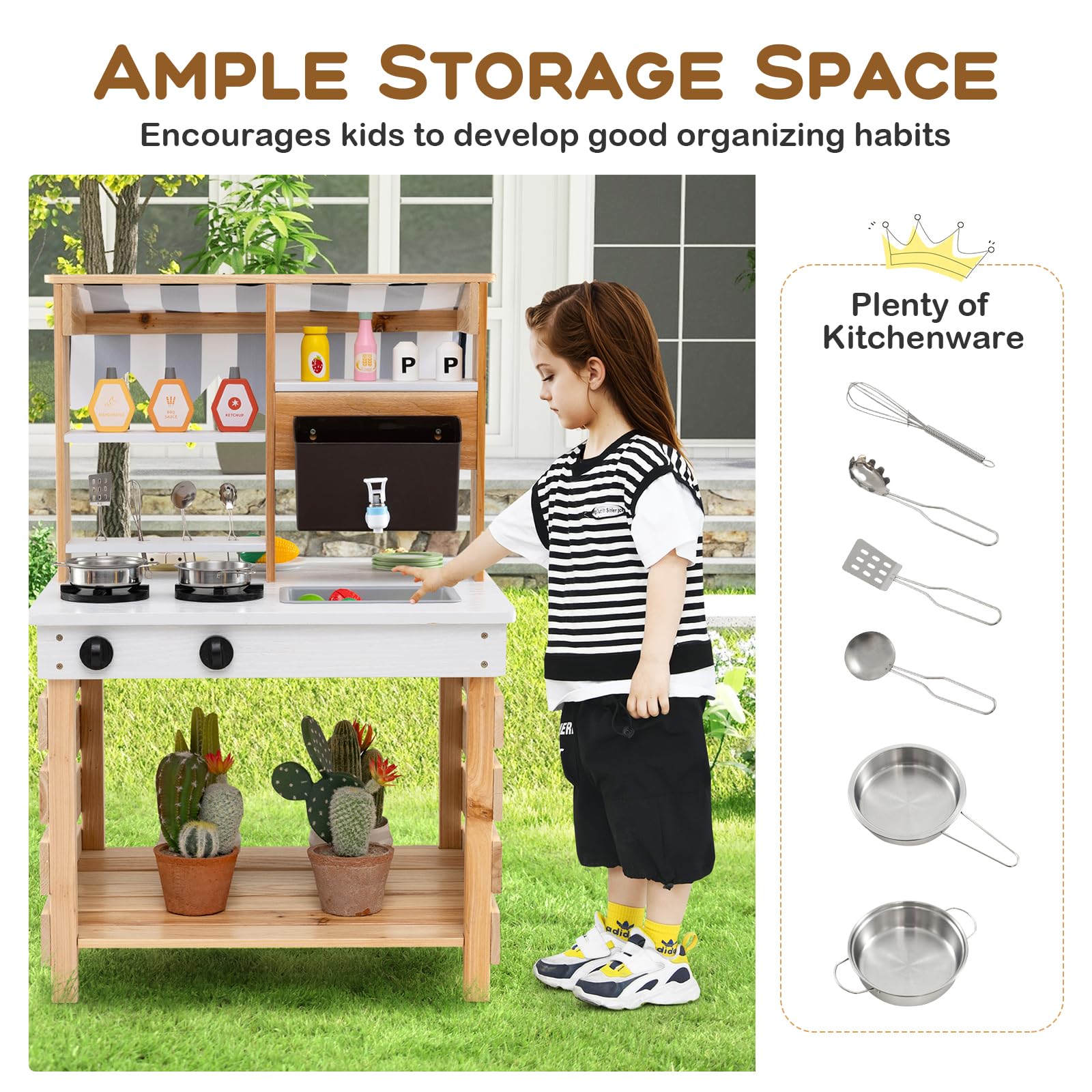 HOMASIS 2 en 1 Cuisine en Bois Double Face pour Enfants, Jouet d'Imitation pour Enfant avec Auvent, Evier Amovible, Réservoir d’Eau et Robinet, Ensemble de Cuisine d'Extérieur de Sapin, Naturel